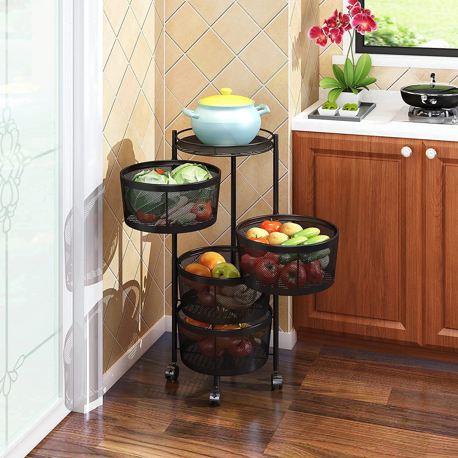 Estante giratorio de frutas y verduras con niveles para cocina de hogar