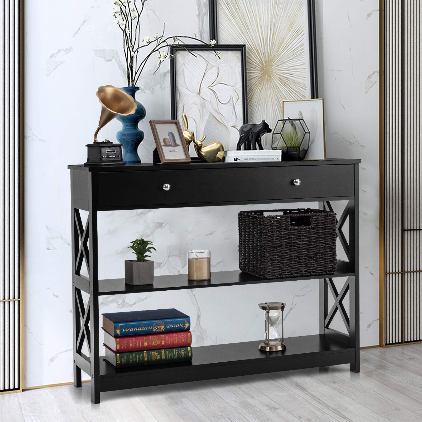 COSTWAY Konsola z szufladą i regałem, 3 poziomy, stół do przedpokoju z drewna, stolik pomocniczy, ochrona przed przewróceniem, 100 x 30 x 80 cm (czarny), HW65707DE