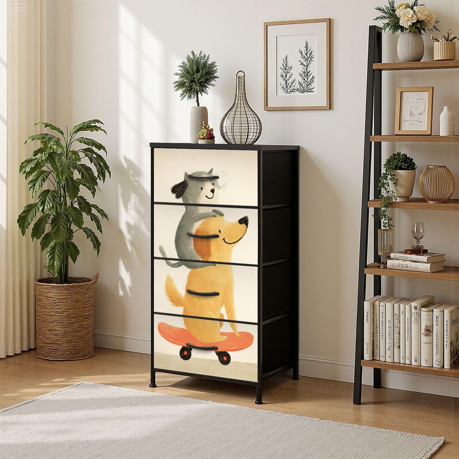 Drawers for Bedroom Dresser for Closet Cute Dogs Riding Skateboard Whimsical Animal Storage Cabinet with Easy Pull Handle for Bedroom Entryway Dorm