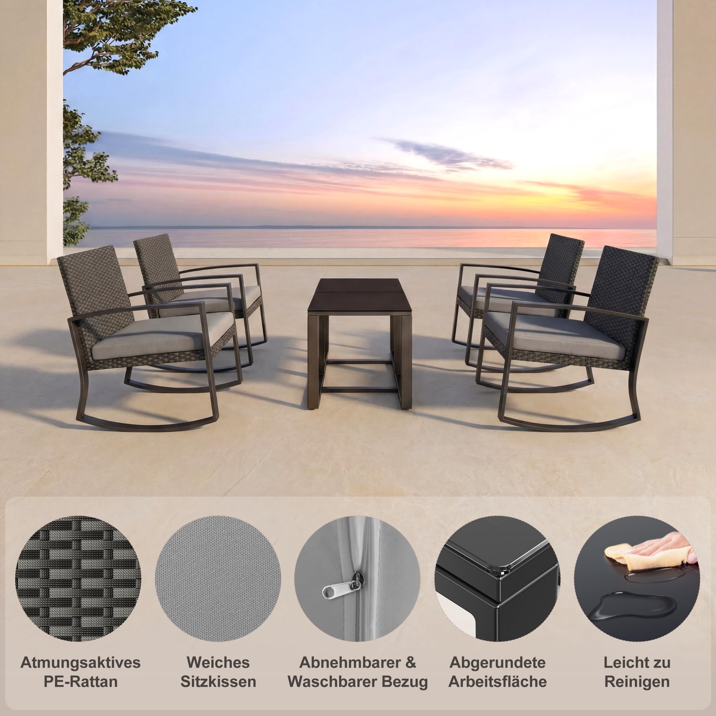 Bealife Set Giardino，Salottino da Esterno，Set di Mobili da Balcone in Rattan, ，Set da Balcone 3 Pezzi per Portici, Cortili, Terrazzi, Balconi, Bordo Piscina (Grigio)