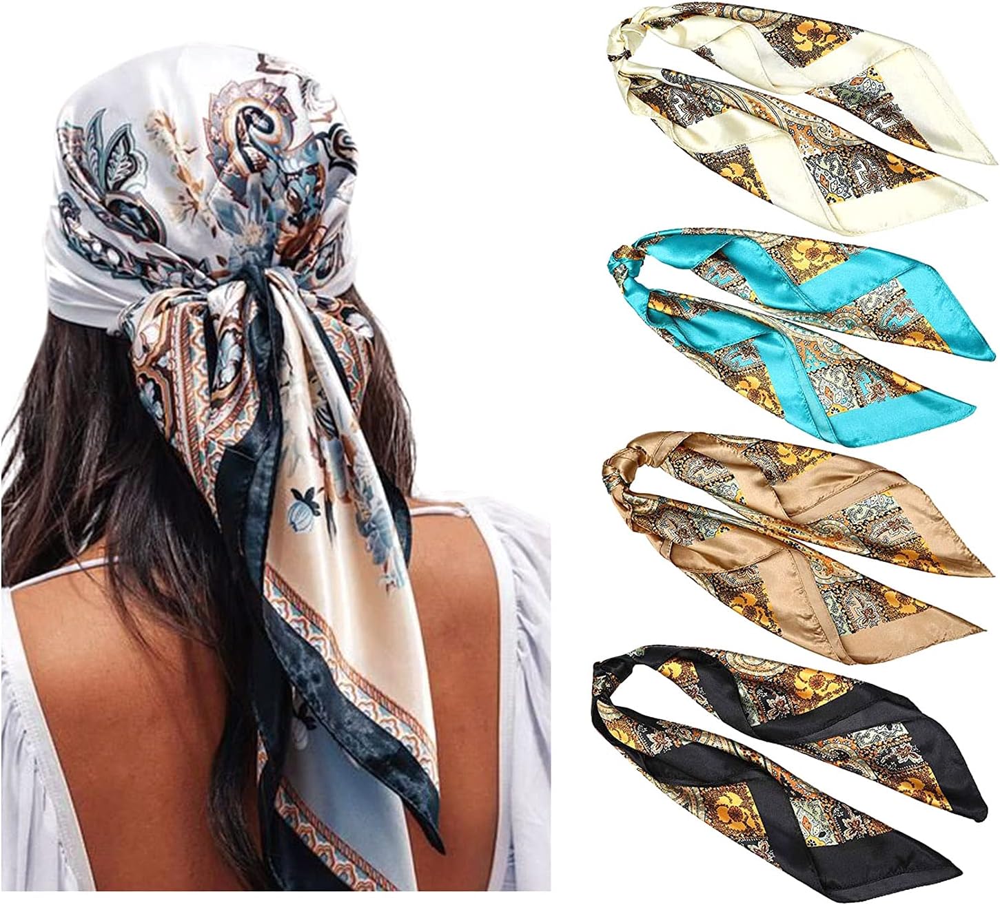 90x90cm Large Stain Square Scarves for Women - 4 PCs Women Silky Like Head Scarf Bandanas Hair Scarf Neck Scarf Sleeping Wraps