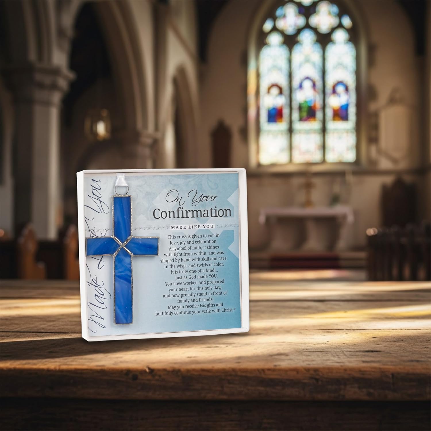 Handmade Blue Stained Glass Cross-Confirmation Gift for Boy/Grandson/Godson/Nephew