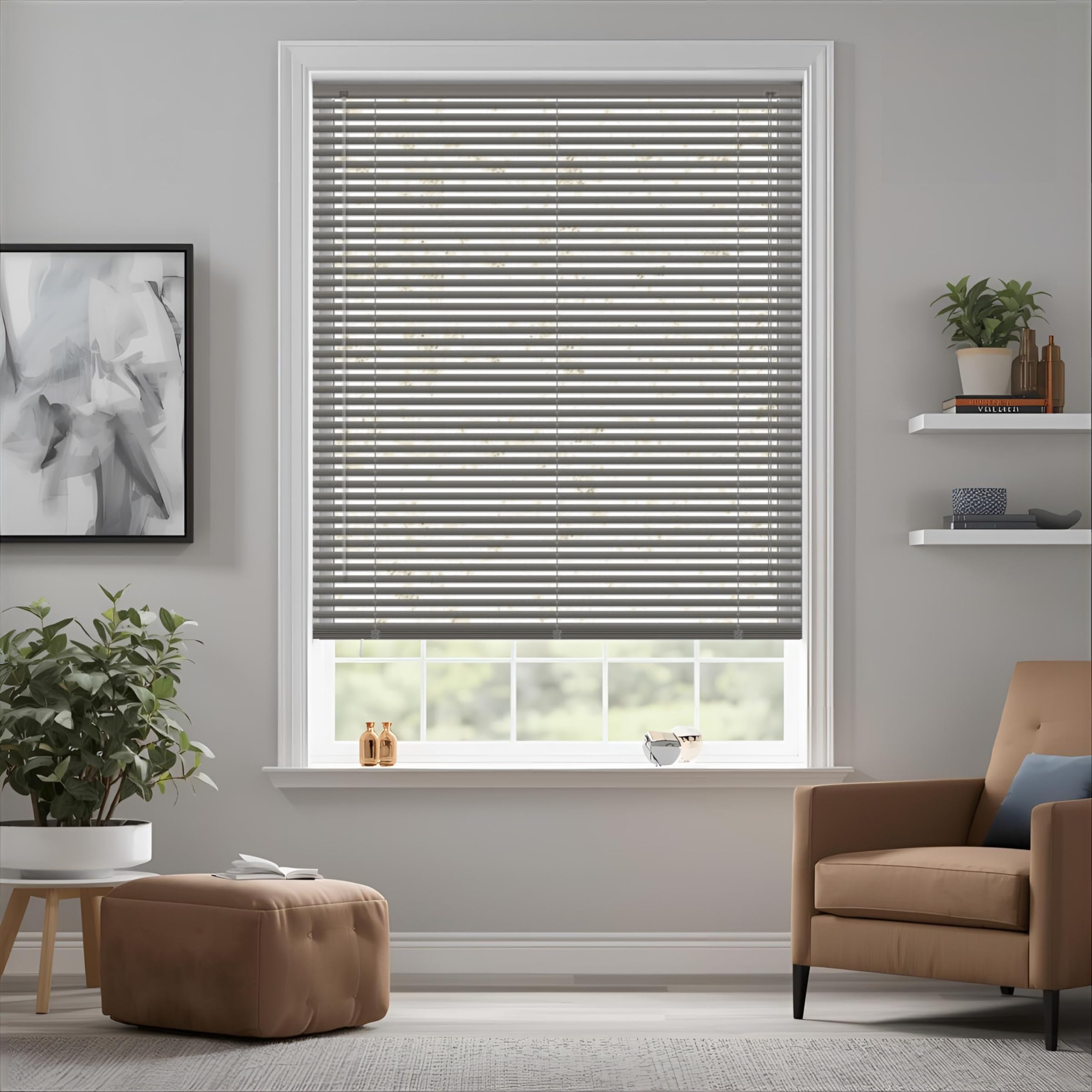Grey Plain PVC venetian Blind - Width 170cm x Drop 213cm - 25mm Horizontal Slats - Easy Fit Trimmable fitting with Tilt control Wand Mechanism