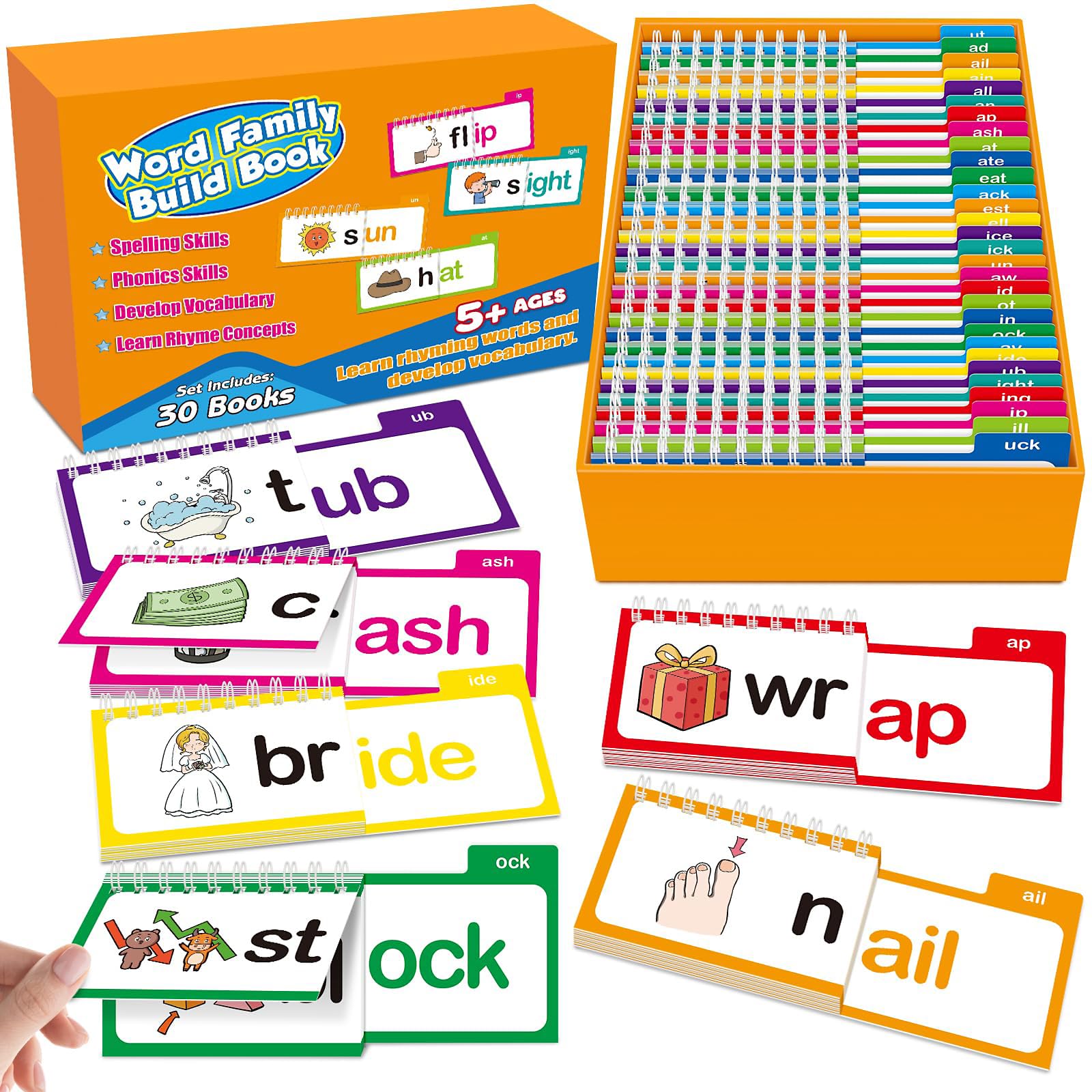 30 Read and Rhyme Flip Books, Word Families Building Book with 287 Words, Word Family Flash Cards for Toddlers & Build ABC Vocabulary and Reading Fluency