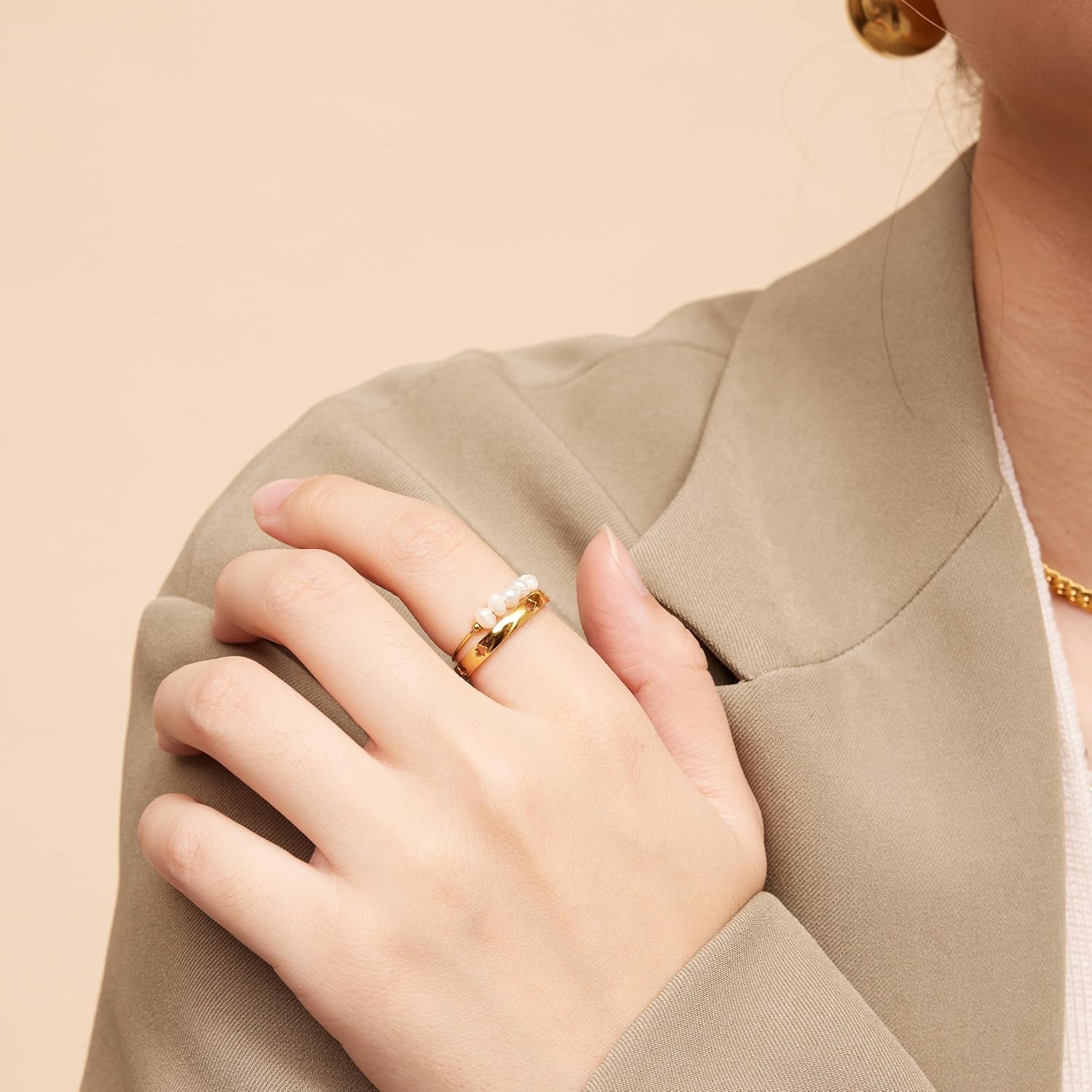 Shapes Studio 18K Gold Plated Mini Freshwater Pearl Band Ring, Gold Rings for Women, Stacking Rings, Gold Wedding Band Minimalist Style - Image 8