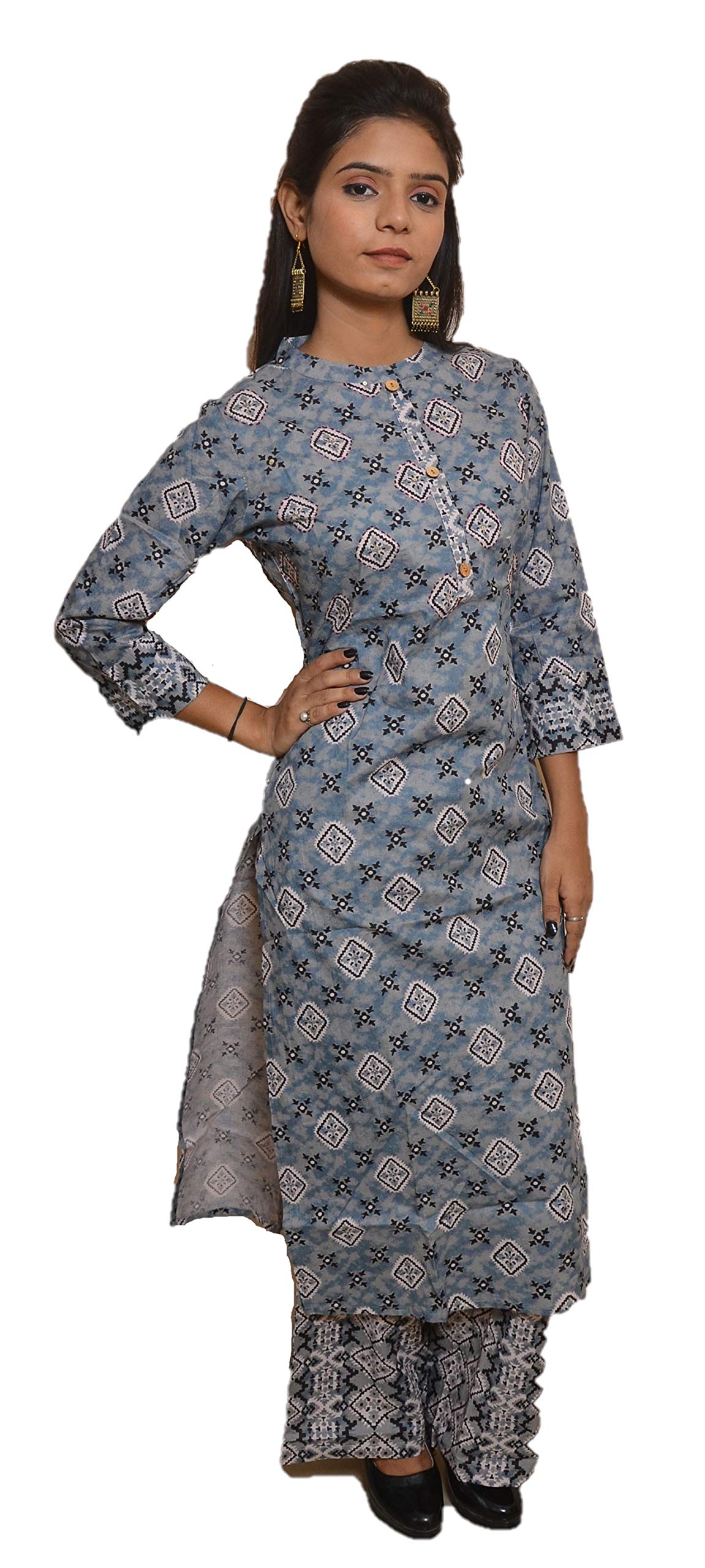 StyleOceanWomen's Casual & Formal Printed Cotton Palazzo Kurti Set (Grey, 38 40 42 44 & 46 Sizes)