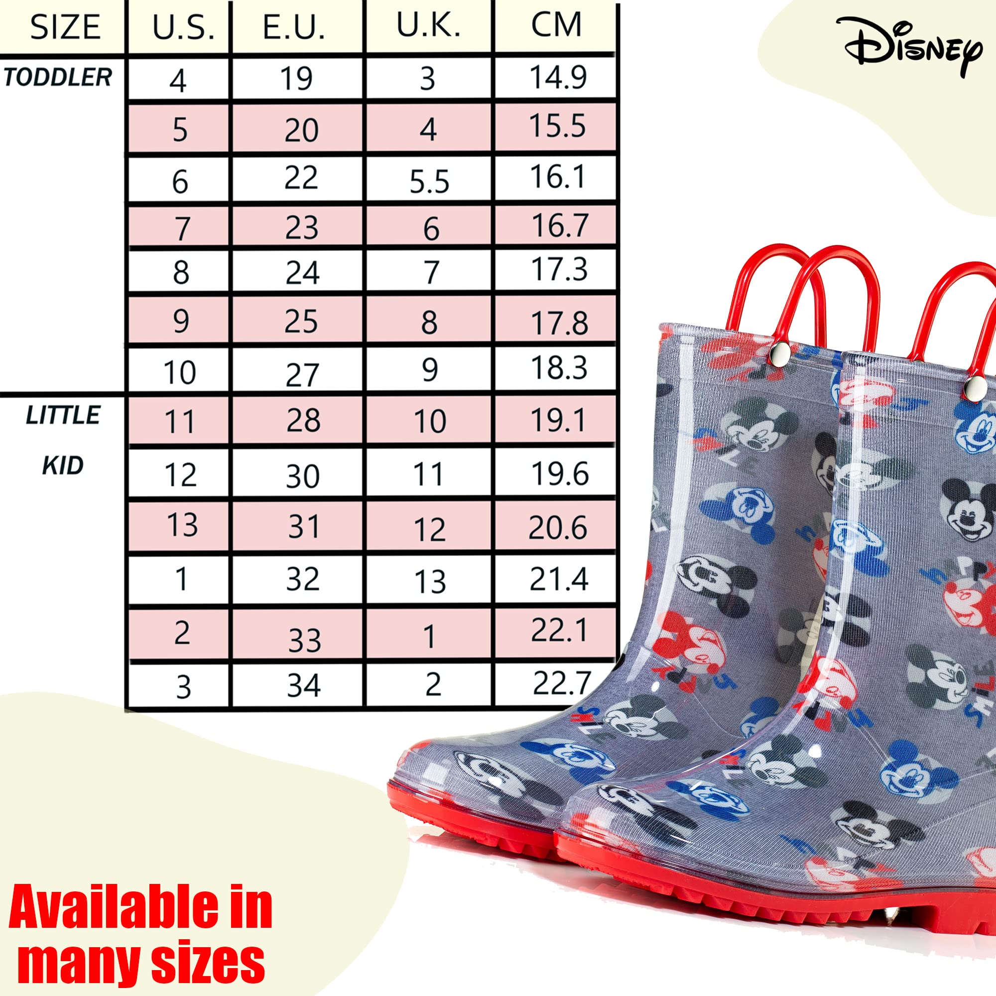 Disney Mickey Mouse - Botas de lluvia impermeables de PVC con asas para niños pequeños y niños pequeños