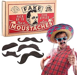 AWS Fake Moustaches - 15 Black Stick On Moustache Fancy Dress Set for Mexican, Freddie Mercury and 70s Biker mustash Costume