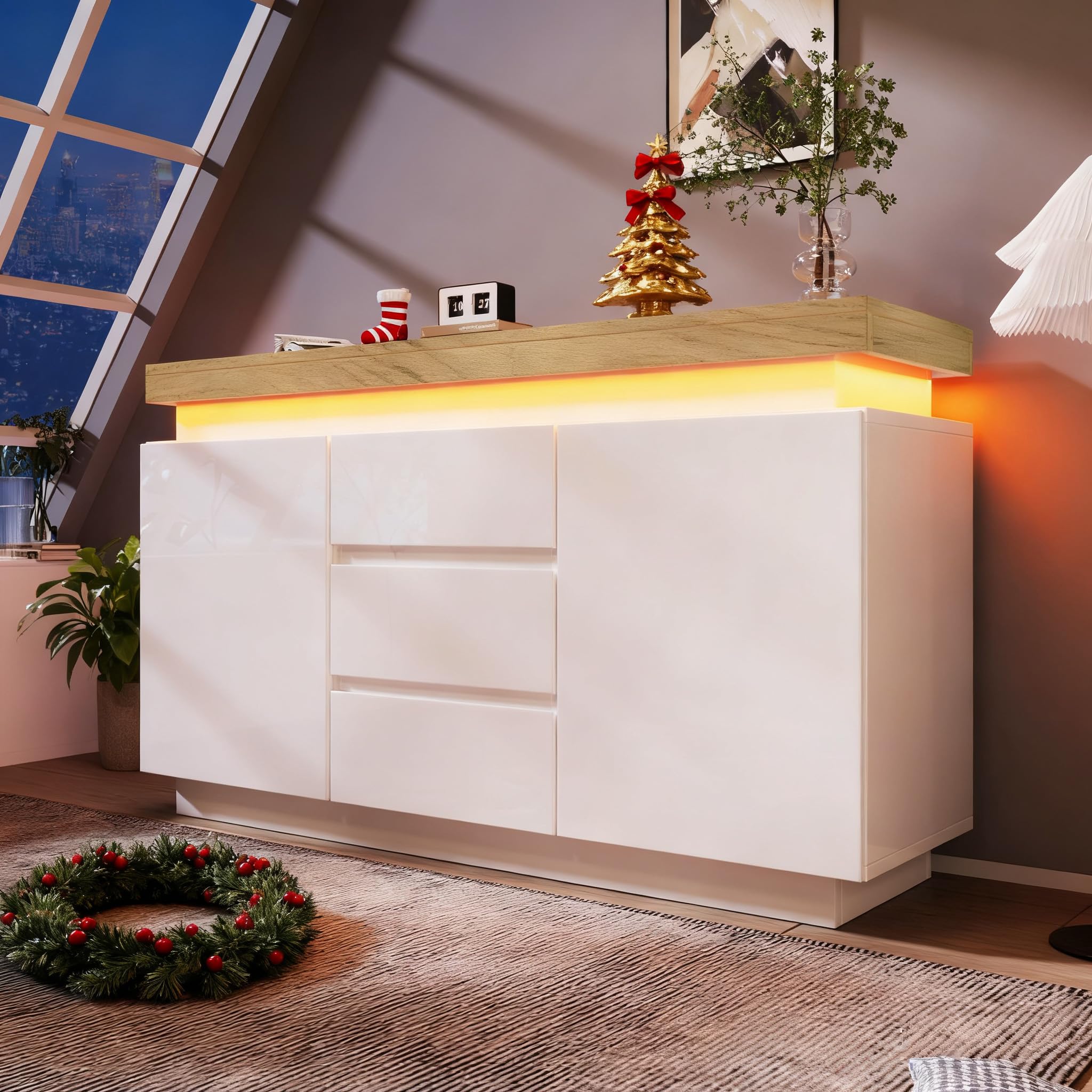 High Gloss Sideboard with LED Lights, App-Controlled Cabinet with 2 Doors 3 Drawers, Modern Storage Unit for Living Room, Bedroom, Dining Room