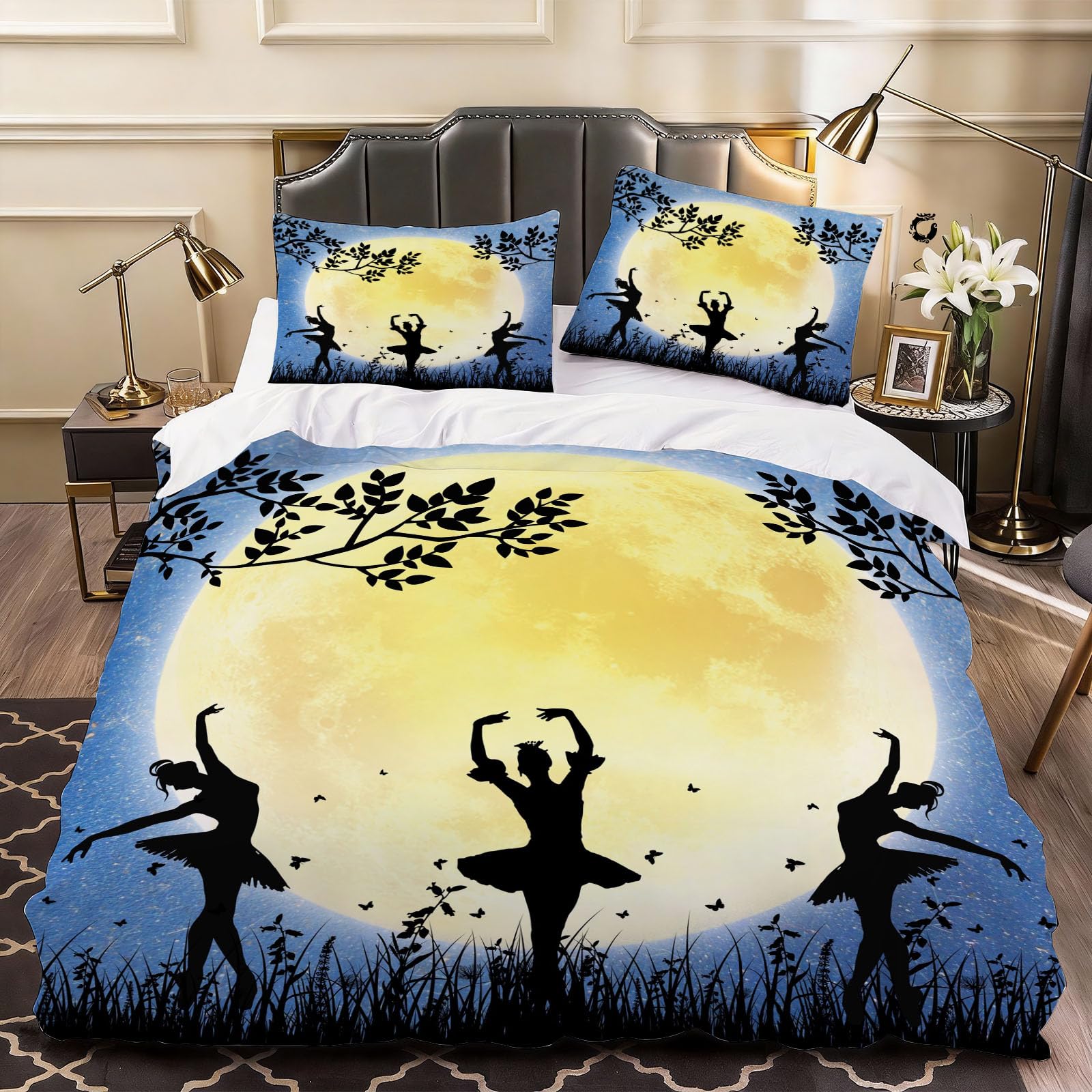 3D Ballet Girl Duvet Cover Silhouette Bedding Double Bed Set, Soft Microfiber Comforter Cover Printed with Zipper Closure Quilt Coverr 200x200 cm and 2 Pillowcases