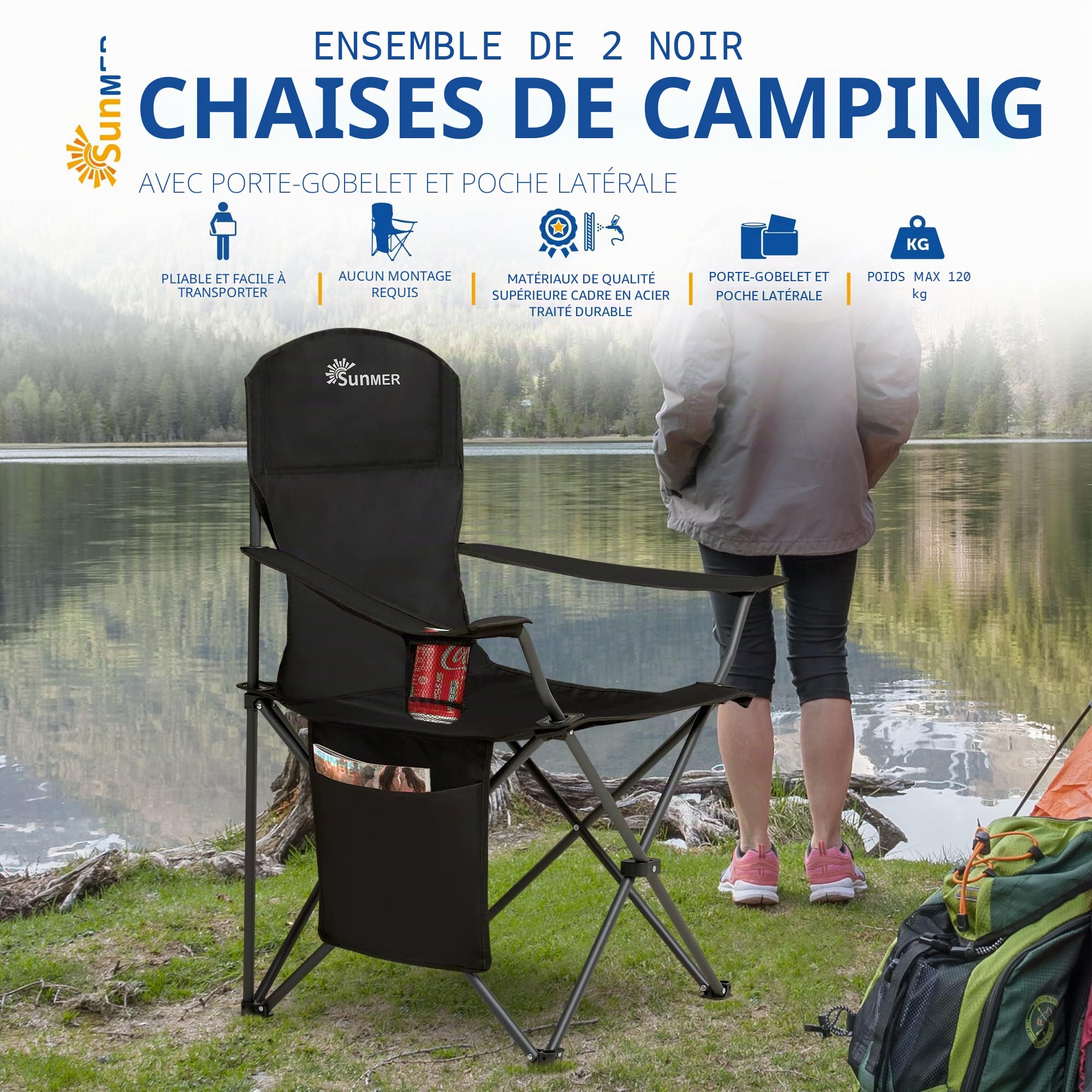 Sunmer Lot de 2 chaises de Camping Pliantes, Extra Larges et légères avec accoudoirs, Porte-gobelet et Poche latérale, capacité de 120 kg par Chaise – Noir