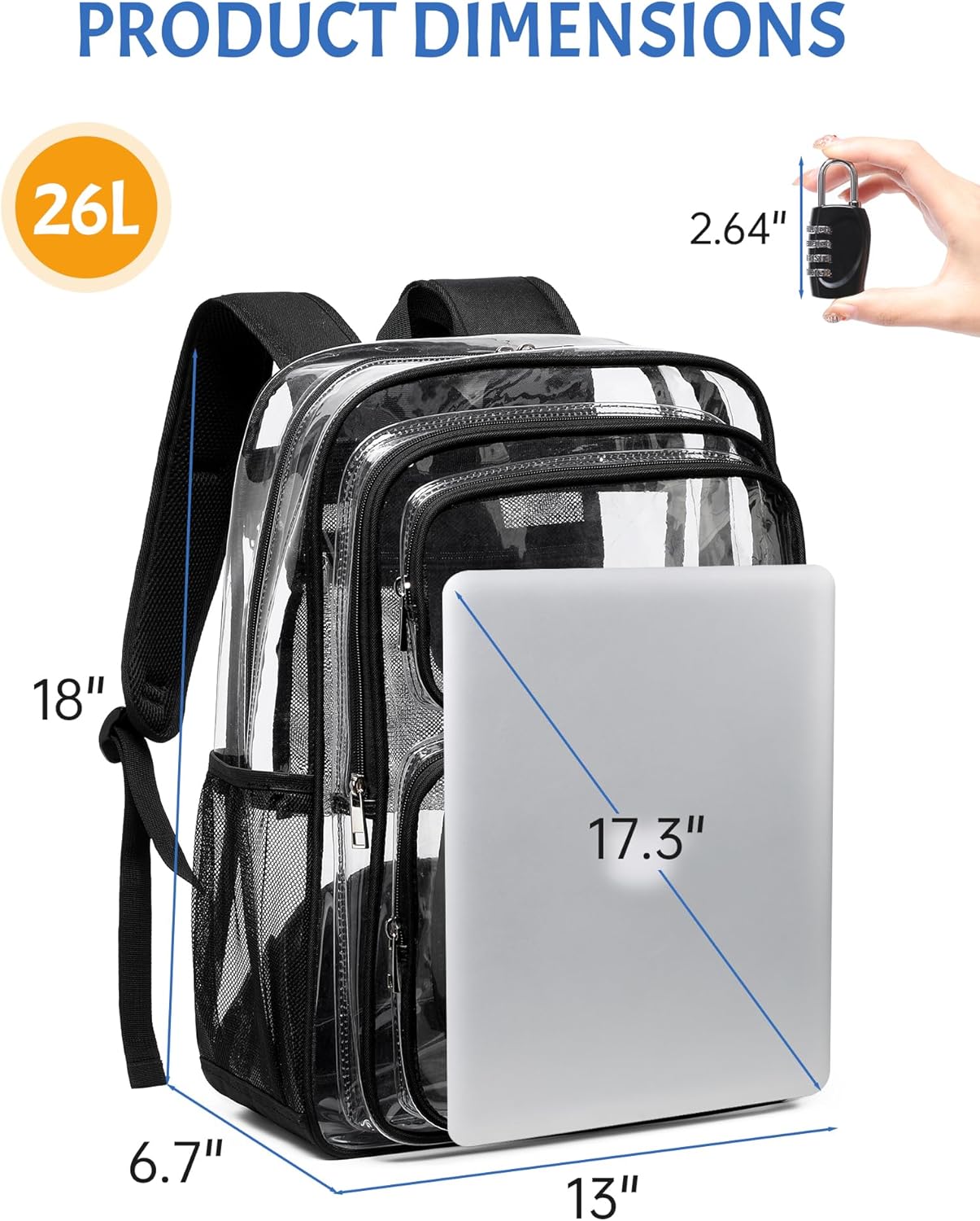BAVERGE Clear Backpack Heavy Duty -18 Inch Extra Large Bookbag 3 Front Pockets and Lock for Stadium Events, Travel, Work, College, Black