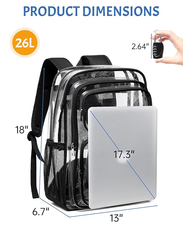 BAVERGE Clear Backpack Heavy Duty -18 Inch Extra Large Bookbag 3 Front Pockets and Lock for Stadium Events, Travel, Work, College, Black by BAVERGE - Used condition - Image 2