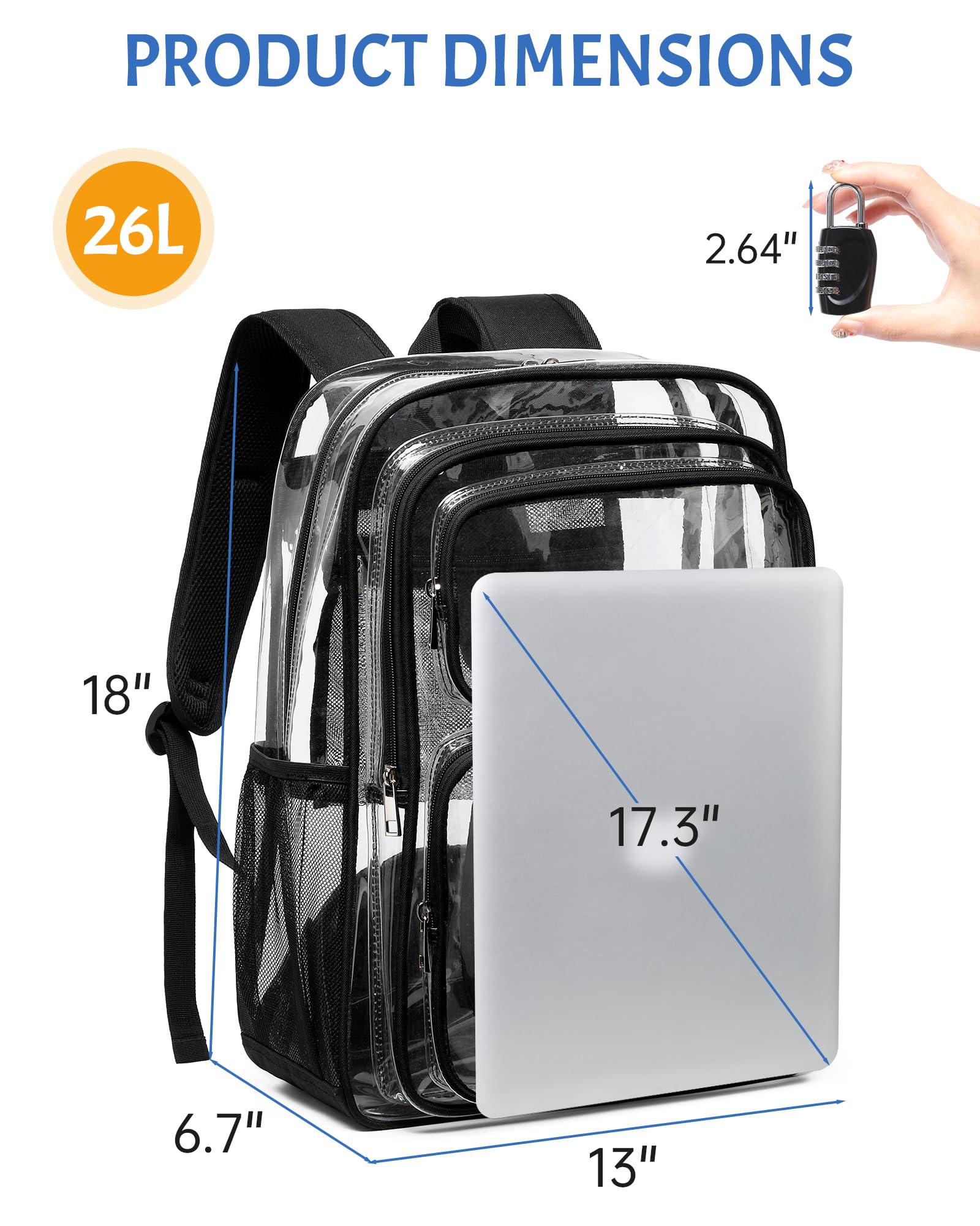BAVERGE Transparenter Rucksack, strapazierfähig, 45,7 cm, extra große Büchertasche, 3 Vordertaschen und Schloss, für Stadionveranstaltungen, Reisen, Arbeit, Schwarz