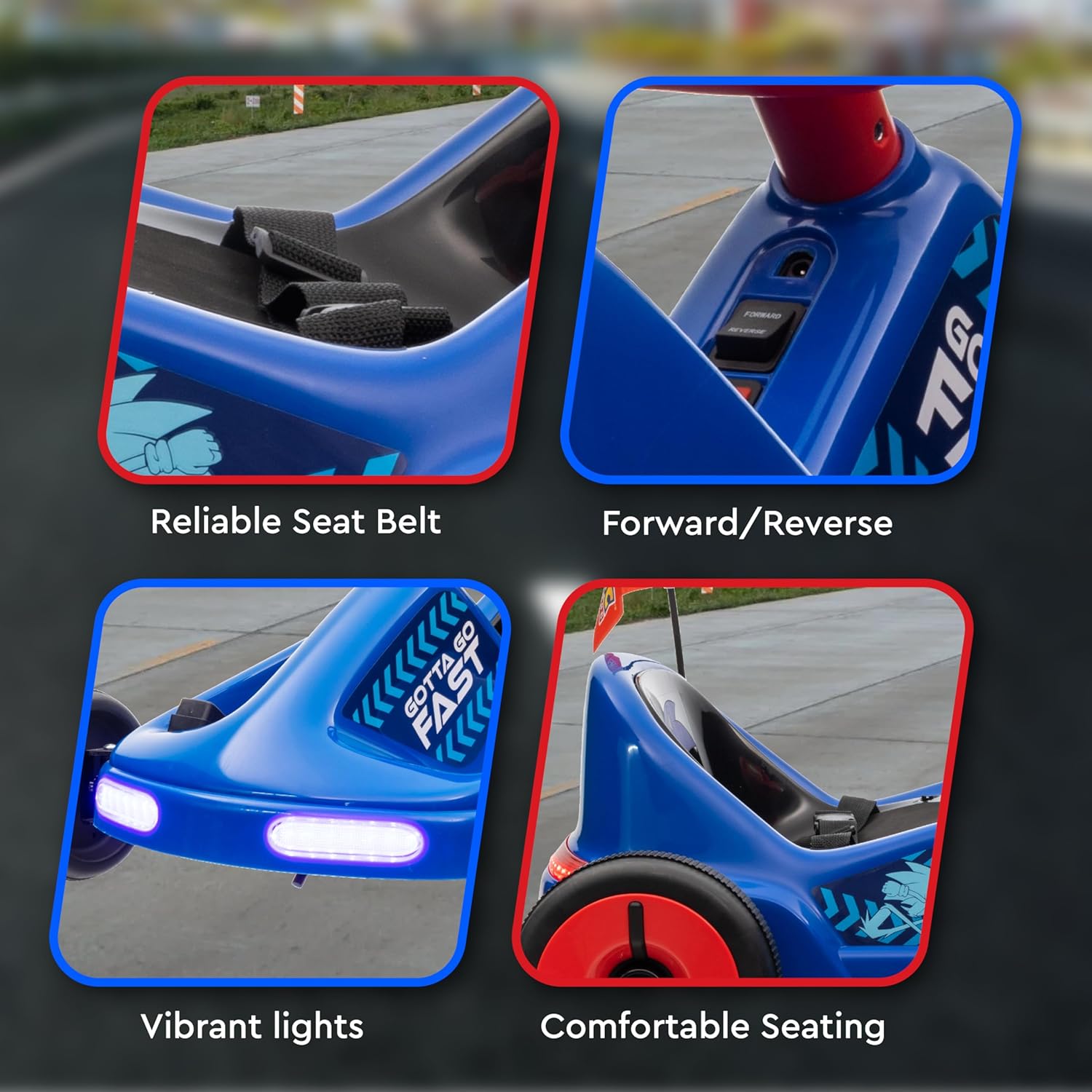 Sonic The Hedgehog 6V Electric Go Kart for Kids, Electric Ride-On Toy with Lights, MP3 Jack, Remote Control, Seat Belt, Ages 3-6, Durable PVC and Iron Construction, Rechargeable Battery