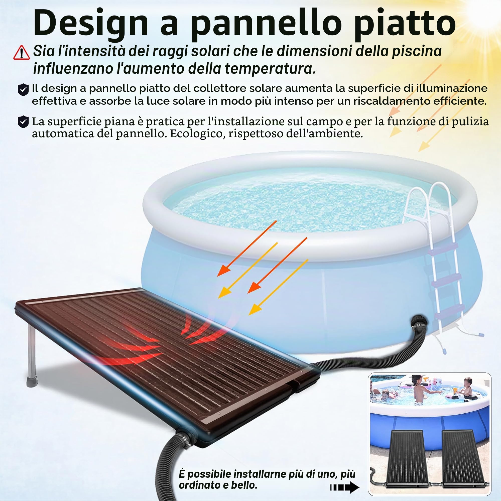 NAIZY Pannello solare per piscina, collettore solare, 111x66x6cm, sistema di acqua calda con asta di supporto e attacco Ø 5cm, pannello solare per piscine all'aperto