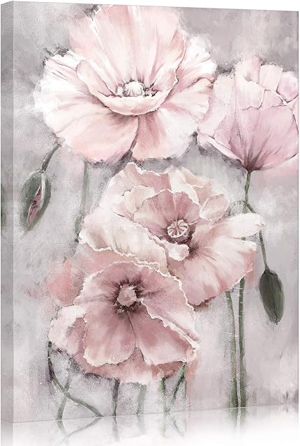 SUMGAR Pink Wall Art Flowers Canvas Prints Floral Blossom Pictures Modern Poppy Bloom Peony Paintings Blush Grey Artwork Framed for Women Girl's Bedroom Bathroom Living Room Home Decor 30x40cm Gift