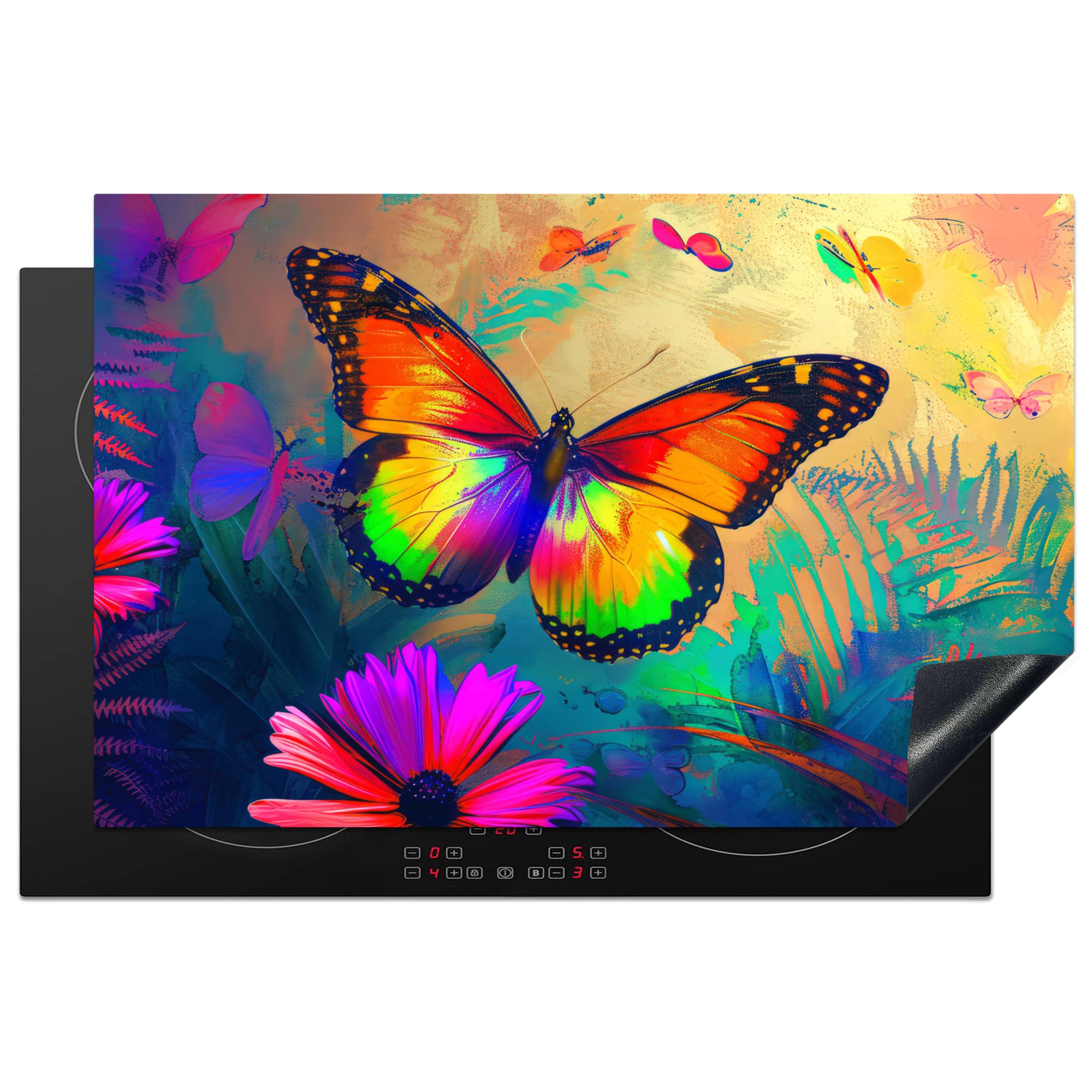 KitchenYeah© Induction Hob Protector Mat 20.5"x31.9" / 81x52 cm Stove Cap Top Cover Kitchen Cooker Covers for Electric Hobs Vinyl Butterfly - Plants - Colourful - Pink - Flowers