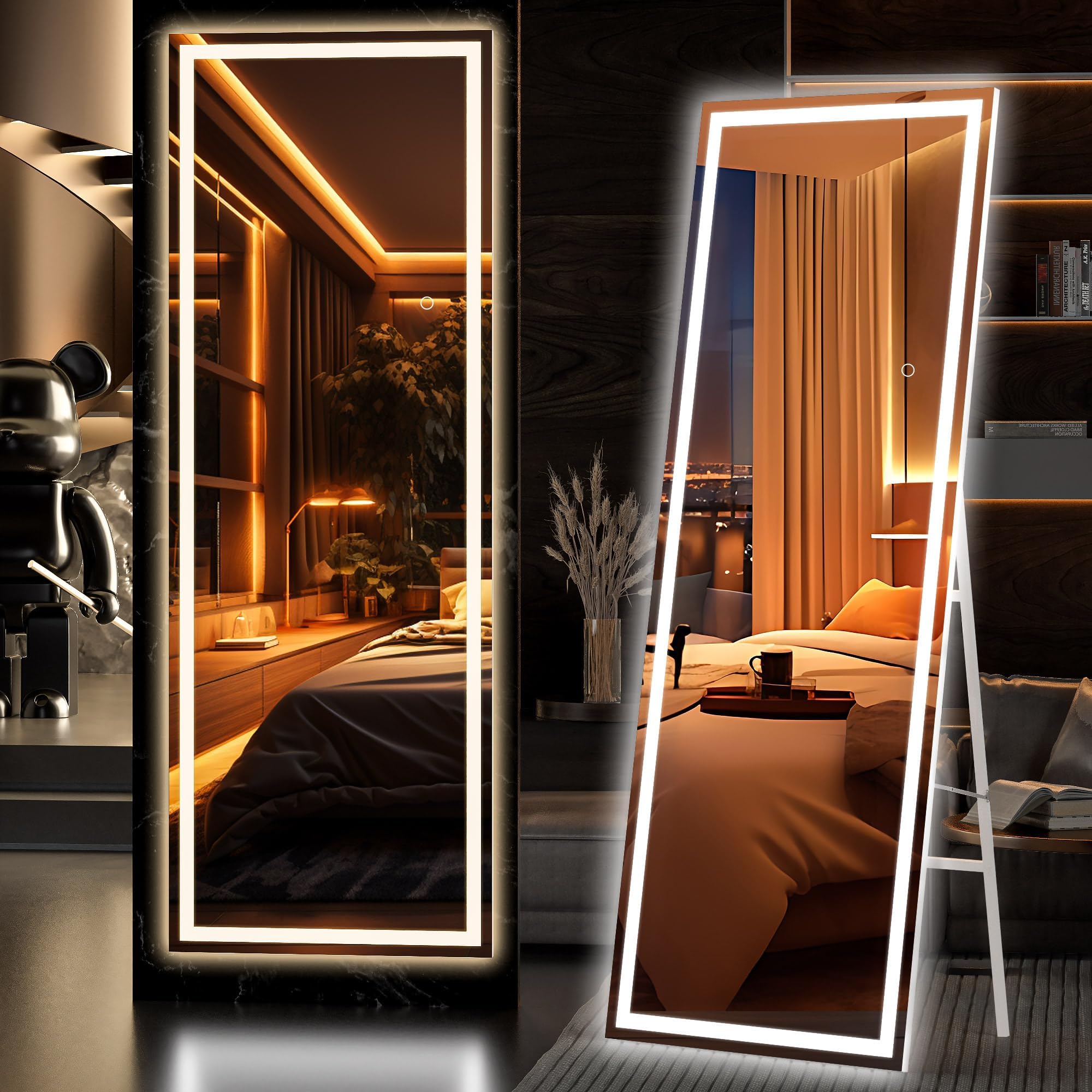 Hasipu Full Length Mirror with Lights, 65" x 21.7" LED Floor Mirror, Full Body Dressing Standing, Hanging Mounted Mirror for Living Room Bedroom Cloakroom, Square White