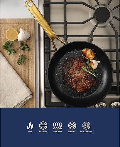 Miniatura 4 de Oster Platinum Abbottsford - Juego de utensilios de cocina de inducción antiadherentes de cerámica sin PFA, 16 piezas, color negro con dorado