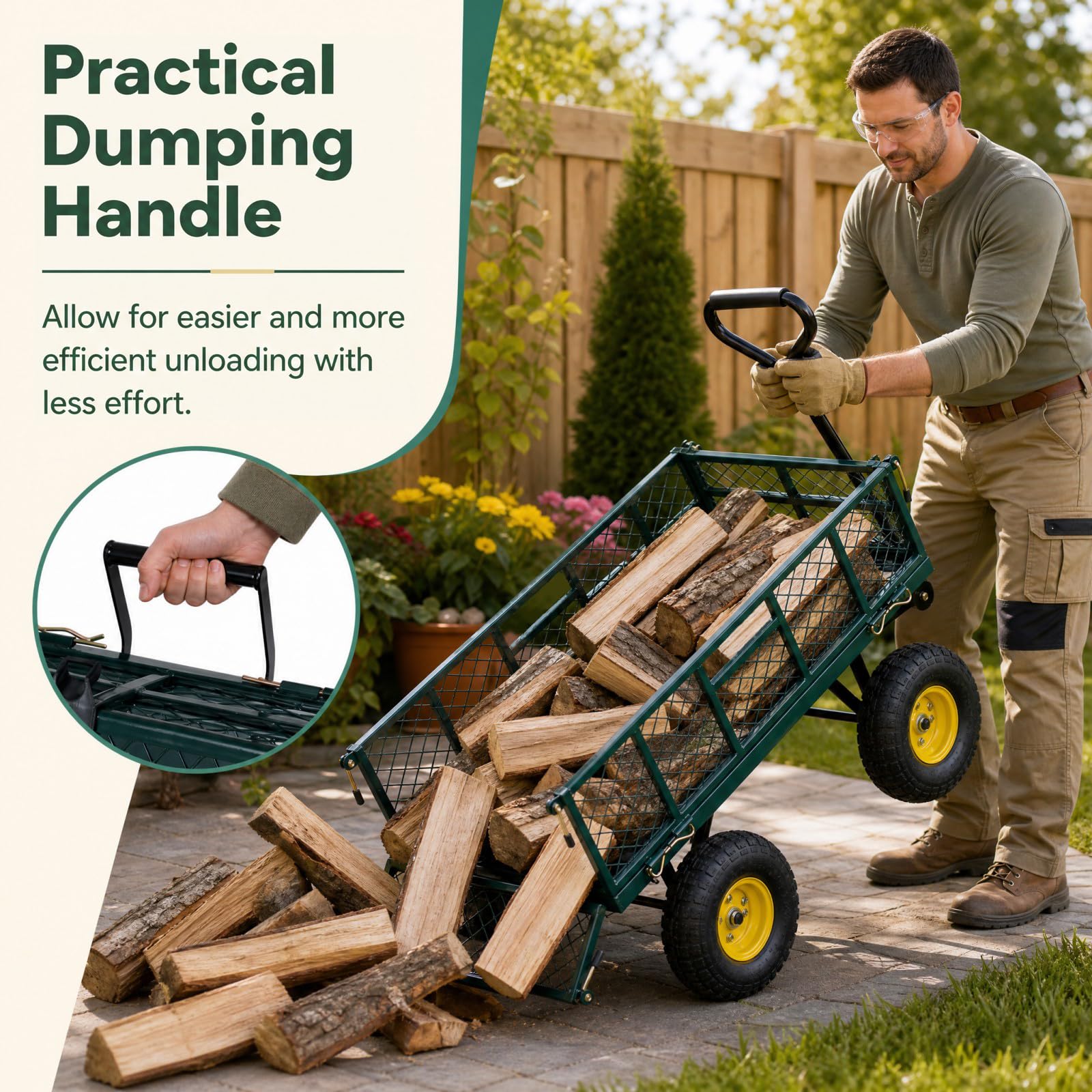 HOMASIS Carrello da Giardino Portatutto con 4 Ruote Grandi, Maniglia Regolabile, Rete Rimovibile, Fodera, Carretto Trasporto Porta Attrezzi, Carriola a Mano per Spiaggia, Campeggio, Portata 410 kg