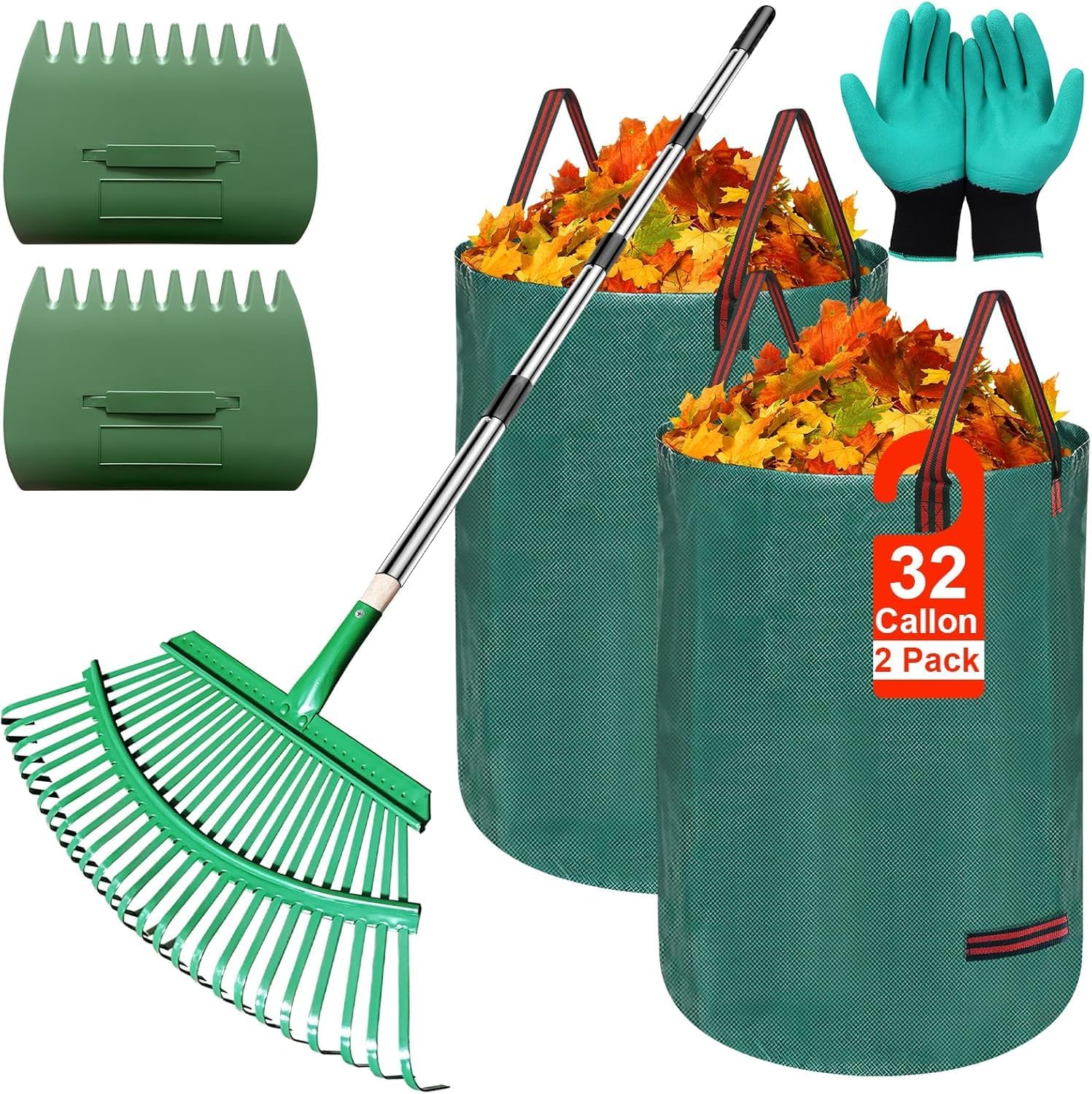 5-in-1 Garden Leaf Rake Tool Set ,53 inches Adjustable Leaf Rake with 2 Large Leaf Collector Bag,A Pair of Leaf Grabbers and A Pair of Work Gloves Perfect for Yard Cleanup, Outdoor Gardening