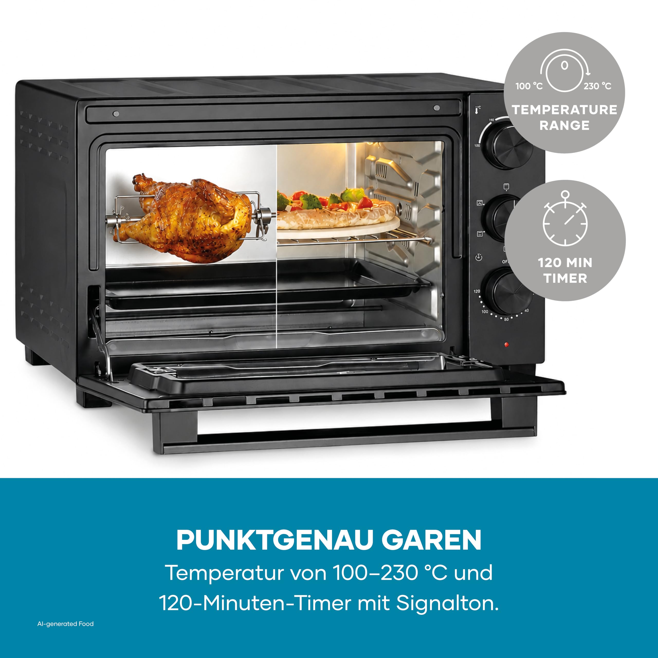 Severin Back- und Toastofen mit Umluftfunktion, inkl. Drehspieß für Fleisch, vielseitiger Heißluftofen mit 30 L Kapazität, Aufbackofen, 100-230 °C, Timer 120 Min., 1600 W, schwarz, TO 9020