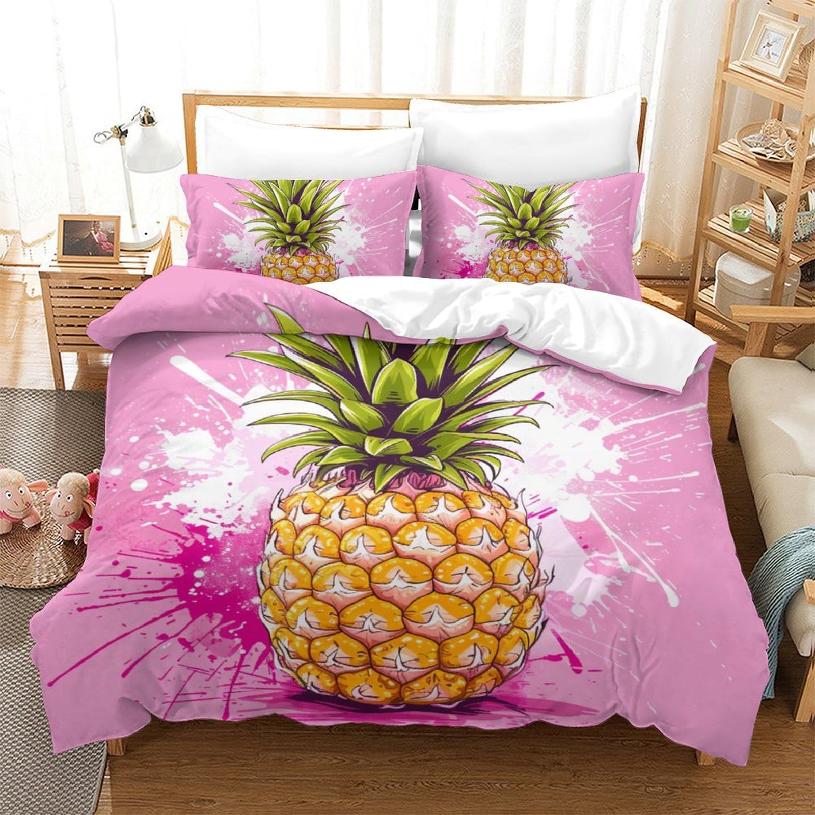 Housse de couette ananas anti-glisse parure de lit microfibre zippée