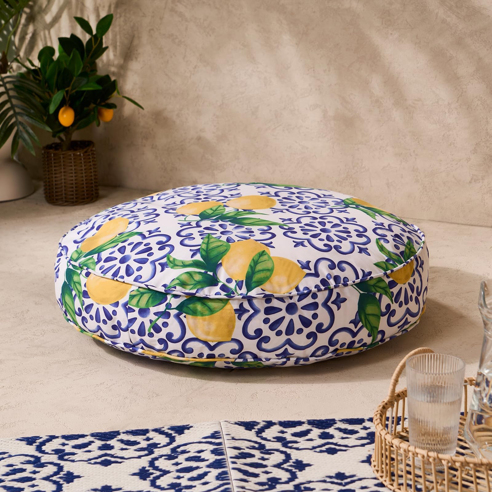 Ohs Lemons Round Outdoor Cushion Lemon Print Filled Cushion, Soft Comfy Round Seat Pad Outdoor Waterproof Cushions For Garden Living Room Patio, Blue/Yellow - 60Cm