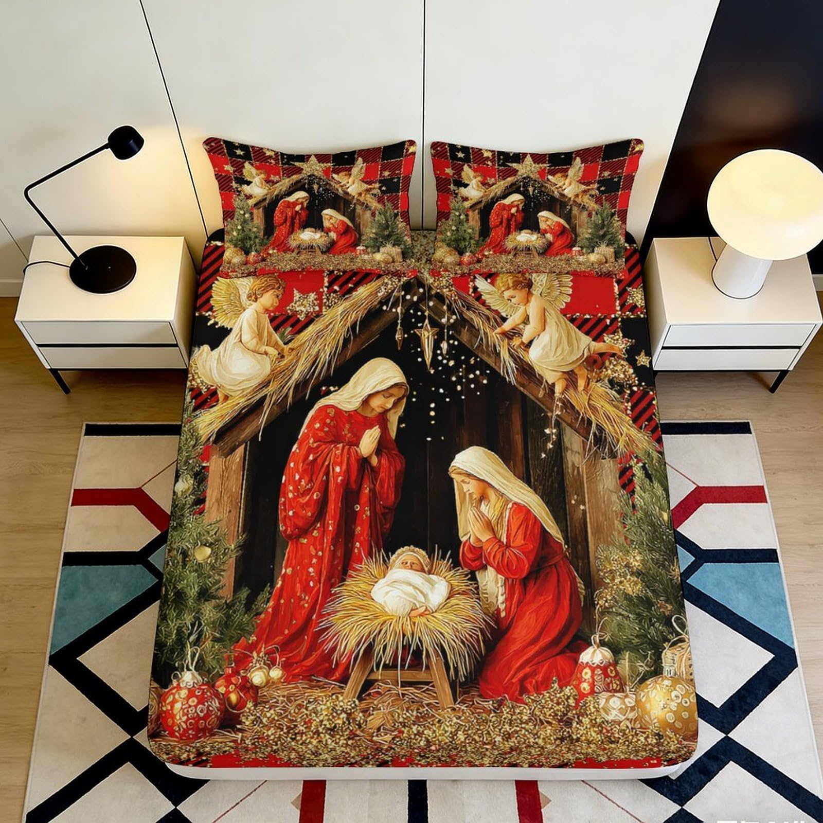 3D Printed Nativity Scene Fitted Sheet Microfiber Soft Christmas Angels Mattress Cover for Bedroom Guest Room Decor 90x200x25cm