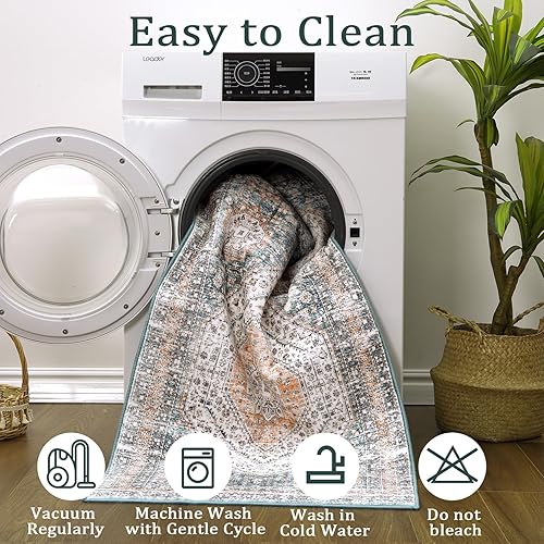 Miniatura 6 de Alfombra lavable a máquina, vintage, lavable, de 5 x 7 pies, diseño floral vintage, antideslizante, de pelo bajo, ligera, con medallón oriental para