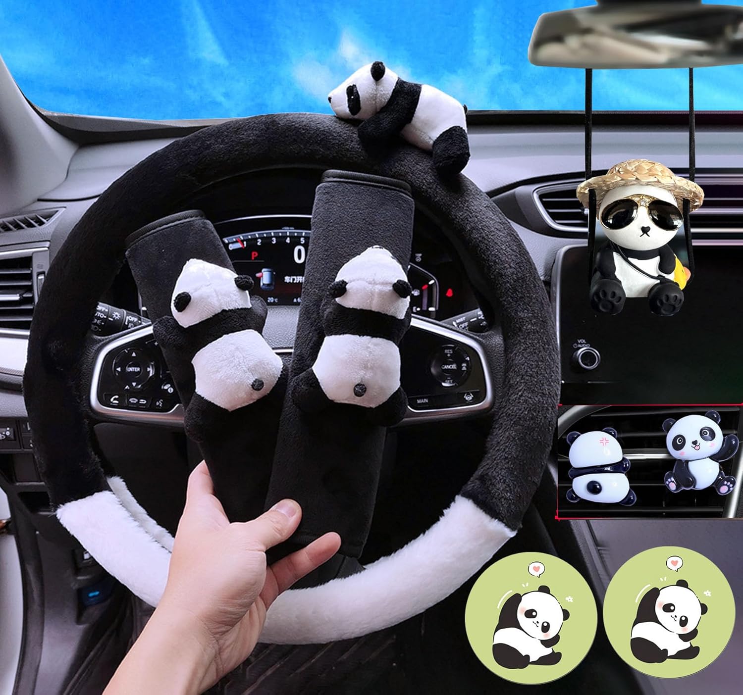 8 Pcs Cute Panda Steering Wheel Cover Set for Women Girl,Anti-Slip Lovely Cartoon Car Wheel Protector Universal 15 Inch Fit for Vehicle, Car, Auto, SUV (Black White)