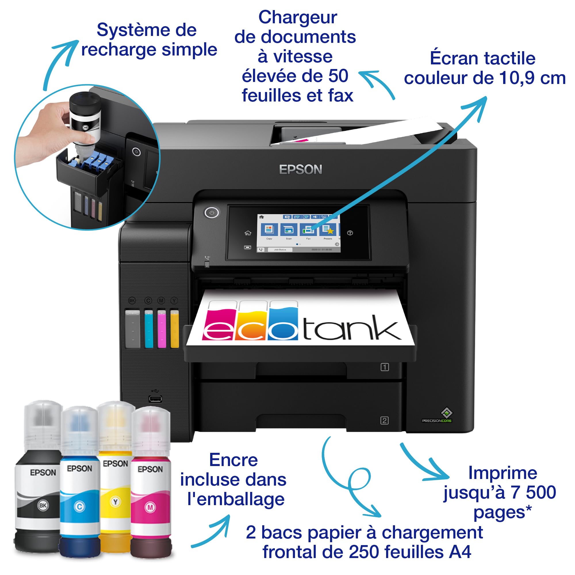 Solution d’impression A4 EcoTank ET-5805 avec Wi-Fi, réservoirs d’encre et fax