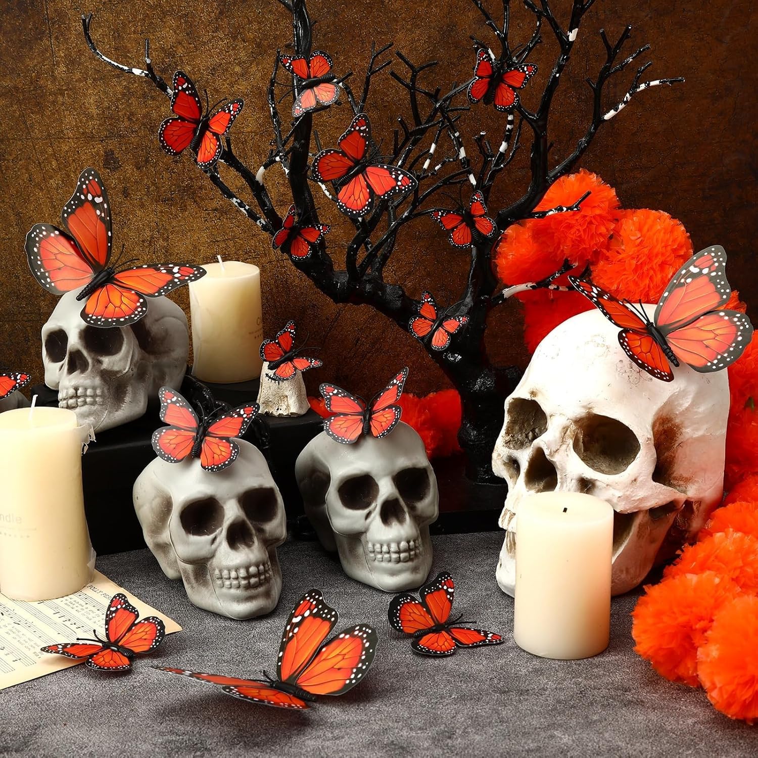 Monarch Butterfly Decorations, 60 Pcs 3D Artificial Monarch Butterfly 3 Sizes Orange Fake Butterflies Wall Decal for Home Party Day of The Dead Halloween Autumn Wedding Bedroom Craft Decor