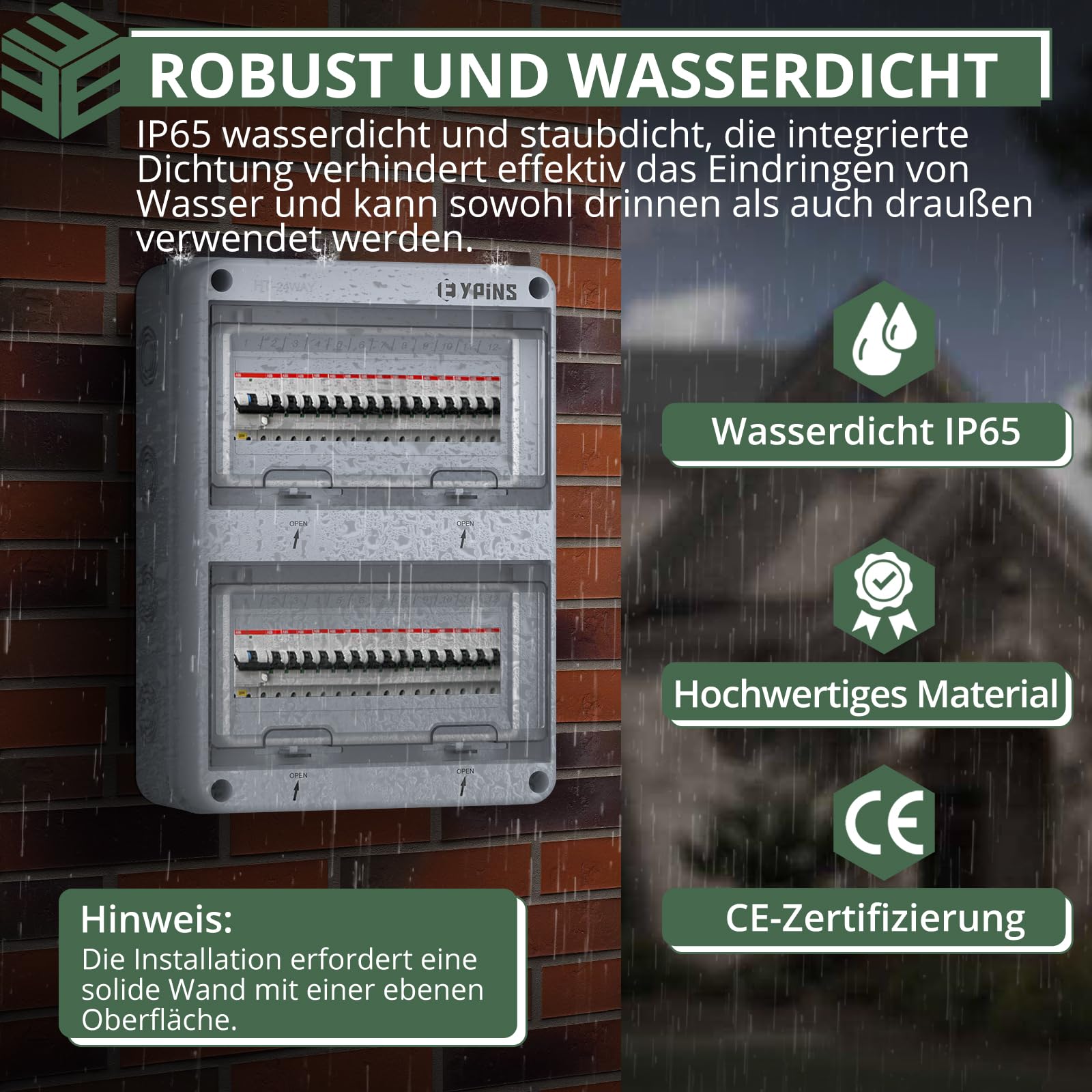 EYPINS Verteilerkasten Aufputz 2-Reihig 24 Module, Sicherungskasten Aufputz IP65 Feuchtraum Aufputzverteiler, Verteilerkasten mit umlaufender Dichtung für Garten oder Außenbereichen