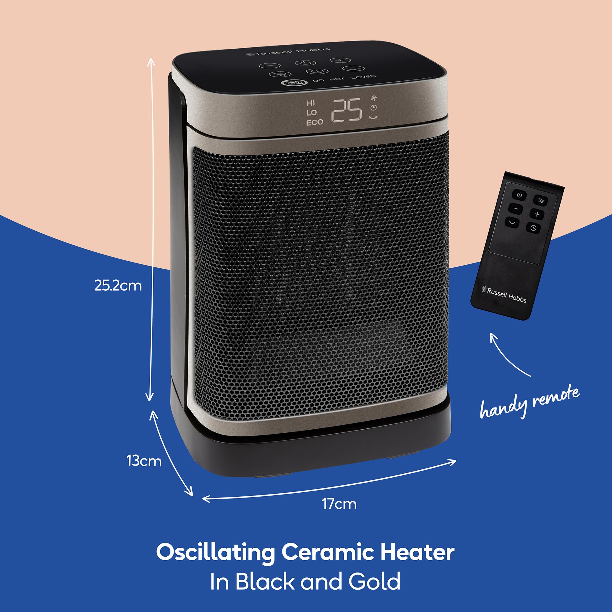 Russell Hobbs Space Heater in Black & Gold 1500W Silent Portable Oscillating Ceramic Electric Heater - Image 2