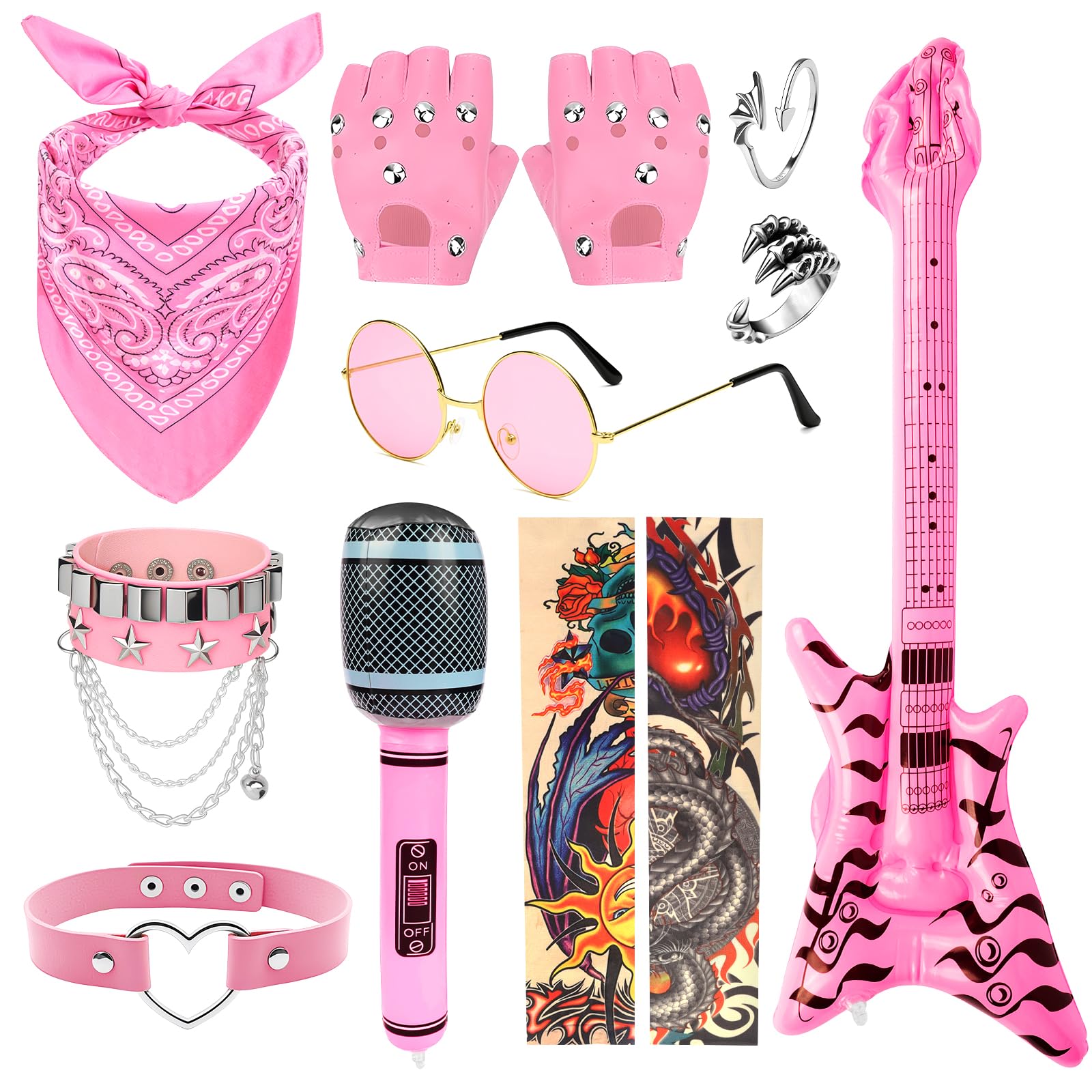 10Pcs Rock Star Fancy Dress Set, Gothic Punk Accessories with Inflatable Guitar Microphone, Bandana,Tattoo Sleeves, Rings,Punk Rocker Fancy Dress,Rock Star Accessories for Adult Kid 80s Party