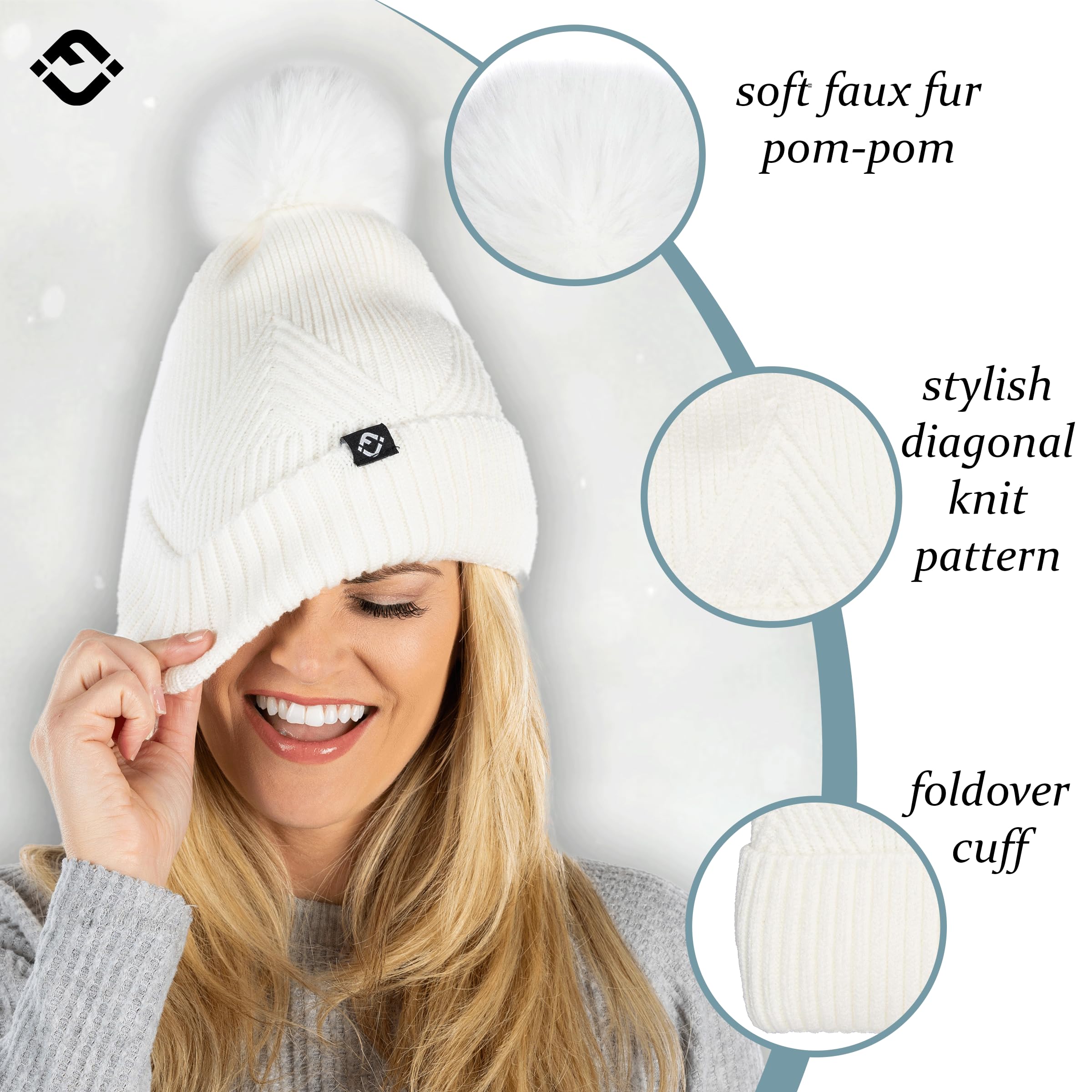 Women's Diagonal Pattern Fleece Lined Pom Pom Beanie - Ivory