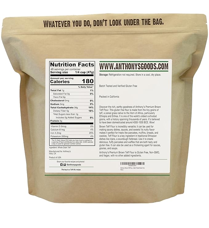 Harina de Teff Integral Anthony's, 5 lb, Sin Gluten, Vegana miniatura 2