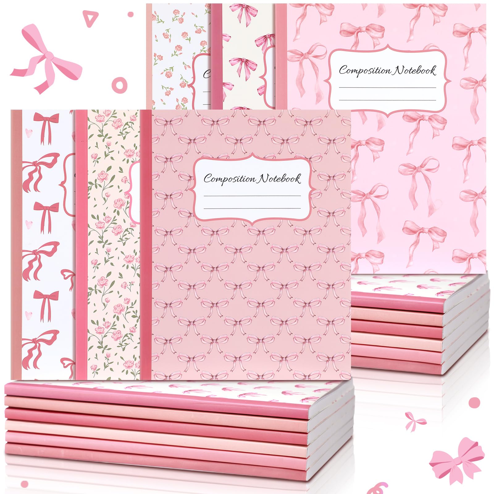 6 Pcs Bow Composition Notebooks Coquette Preppy Journal College Ruled Notebook Gift 110 Pages 9-3/4 x 7-1/2" Composition Notebooks for Mother's Day College Classroom Teacher Supplies(Pink,7" X 9")