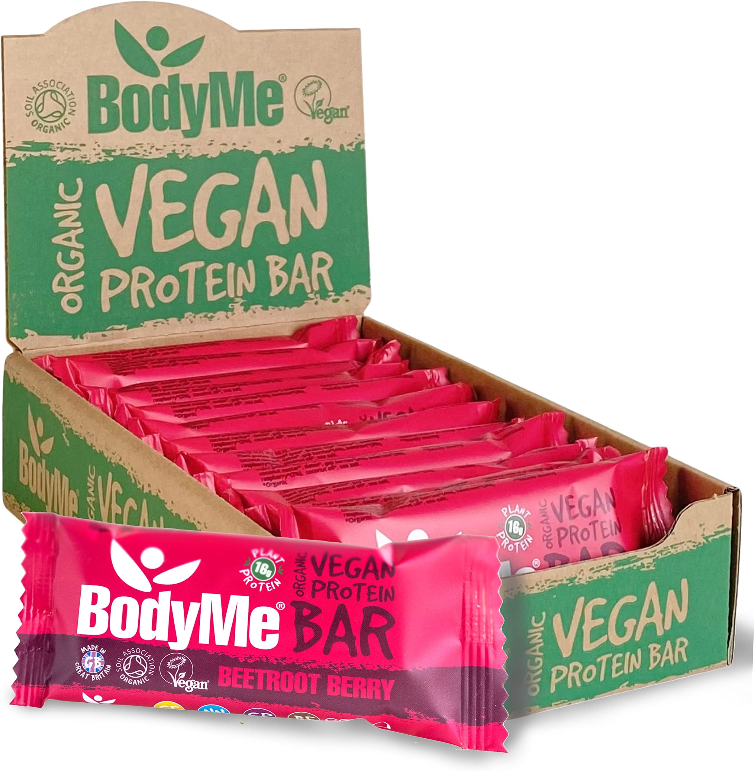 Organic Vegan Protein Bar | Raw Beetroot Berry | 12 x 60g Protein Snack Bars | Gluten Free | 16g Complete Protein | 3 Plant Proteins with All Essential Amino Acids | High Protein Vegan Snacks