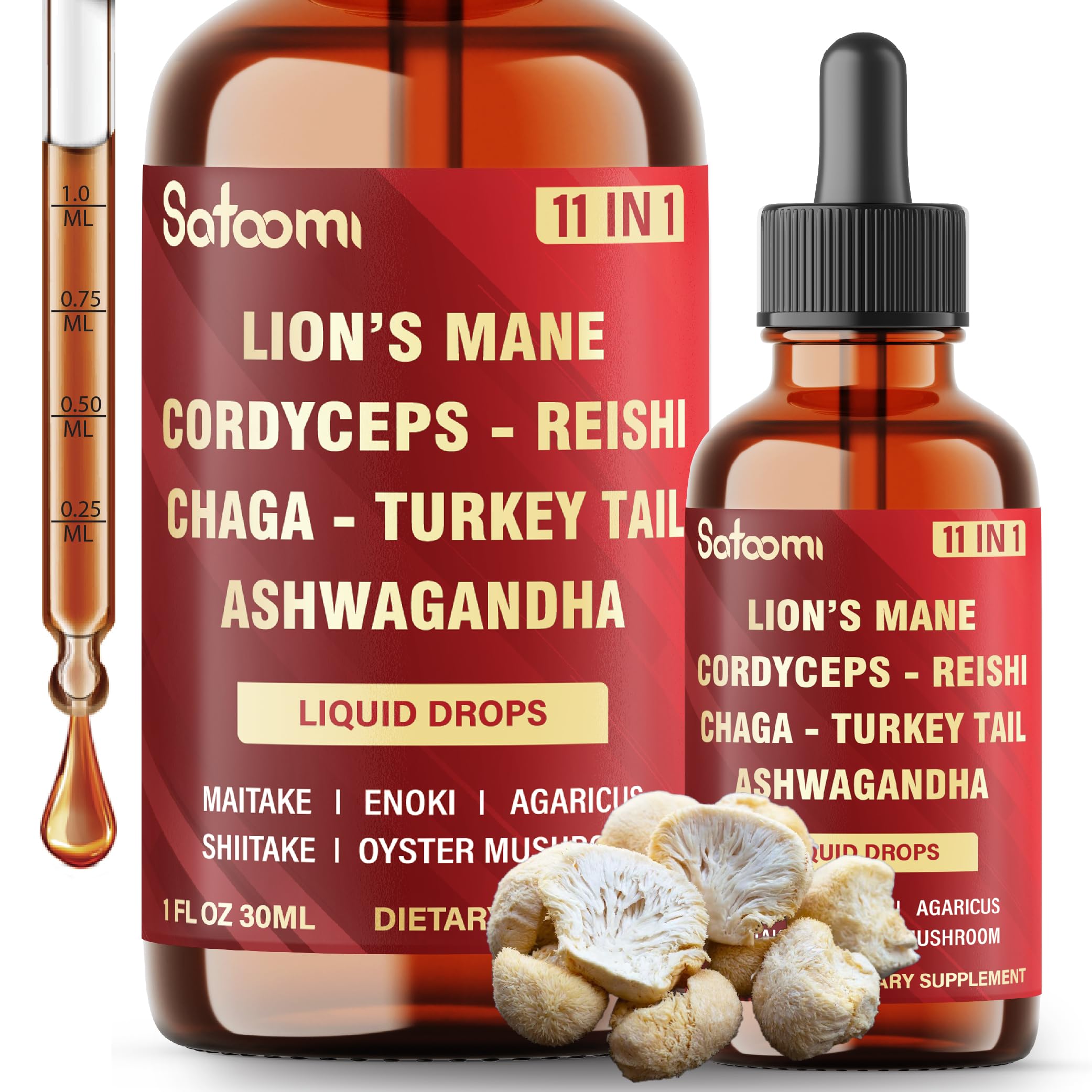 11in1 Mushroom Supplement Liquid Drops – Brain, Immunity & Energy Support - Mushroom Complex with Lion’s Mane, Reishi, Turkey Tail, Cordyceps, Ashwagandha, Maitake, Shiitake - 1 FL Oz - 60 Day Supply