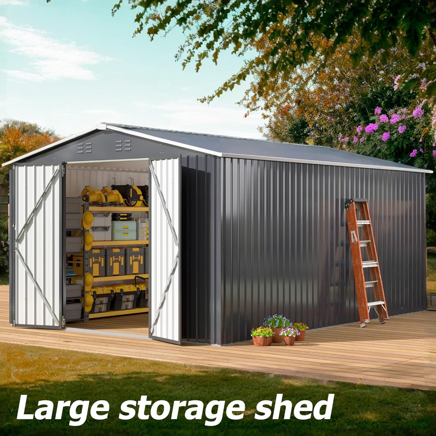 WKM 10x14 FT Outdoor Storage Shed, Metal Shed with Updated Frame Structure and Lockable Doors, Large Steel Yard Shed, Utility Tool Storage for Garden, Backyard, Patio Lawn, Black WKM 10x14 FT Outdoor Storage Shed, Metal Shed with Updated Frame Structure and Lockable Doors, Large Steel Yard Shed, Utility Tool Storage for Garden, Backyard, Patio Lawn, Black