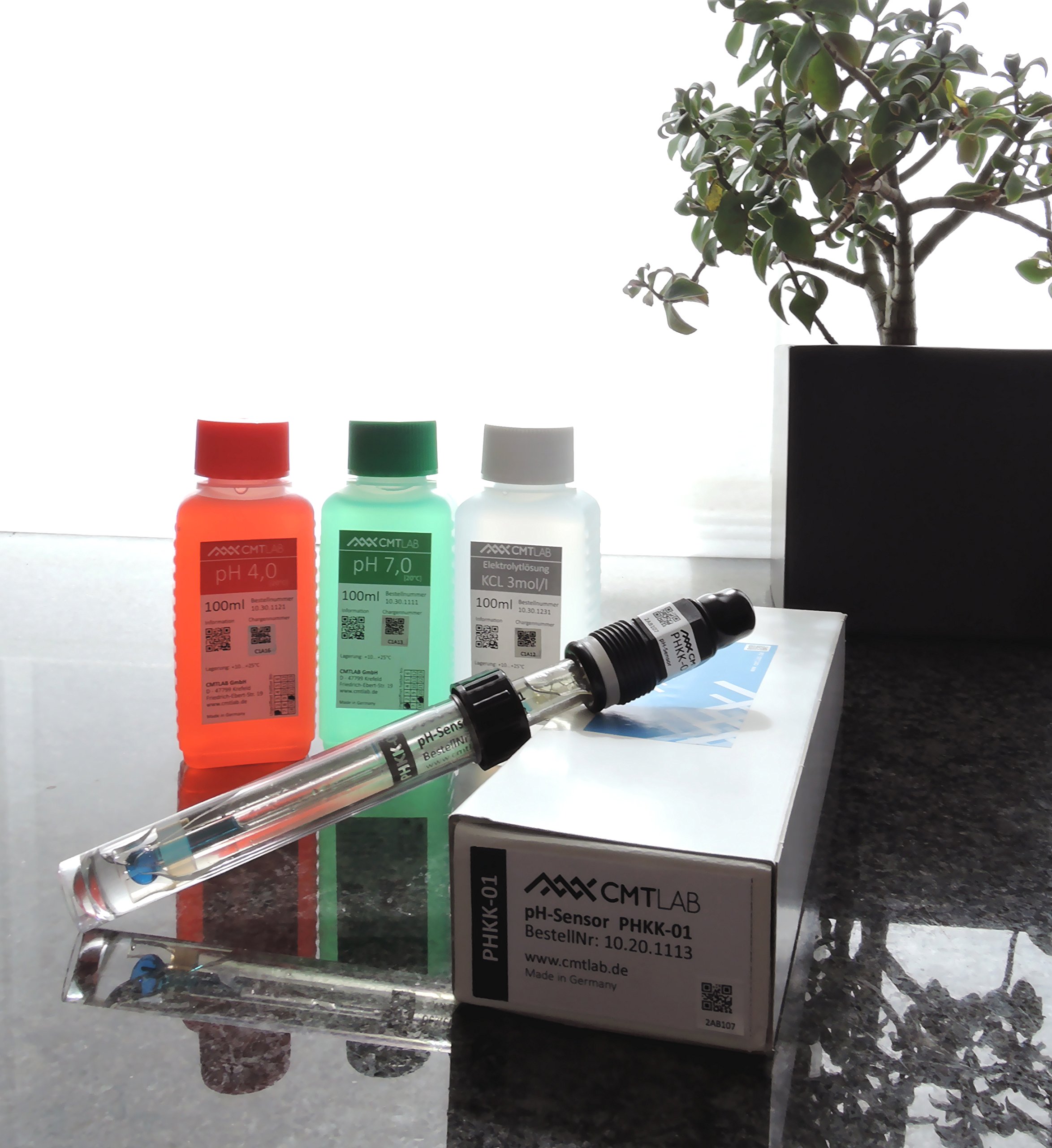 pH-Sensor/Elektrode, Kunststoffschaft + KCL 3mol + pH4/pH7 Pufferlösung, Industriequalität Made in Germany