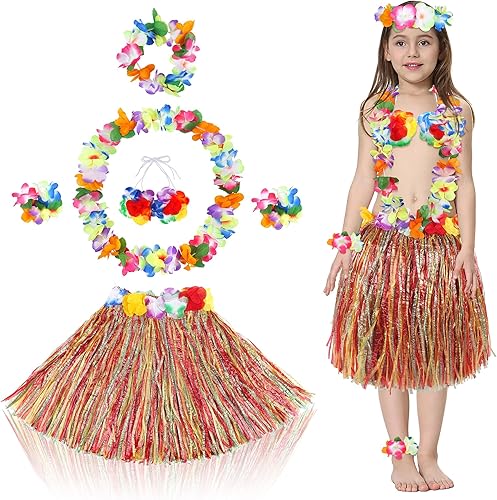 Fortuning's JDS Falda hawaiana de hierba hula para niña de 15.7 in con flores, disfraz para Luau Beach Party Performance Outfits Decor