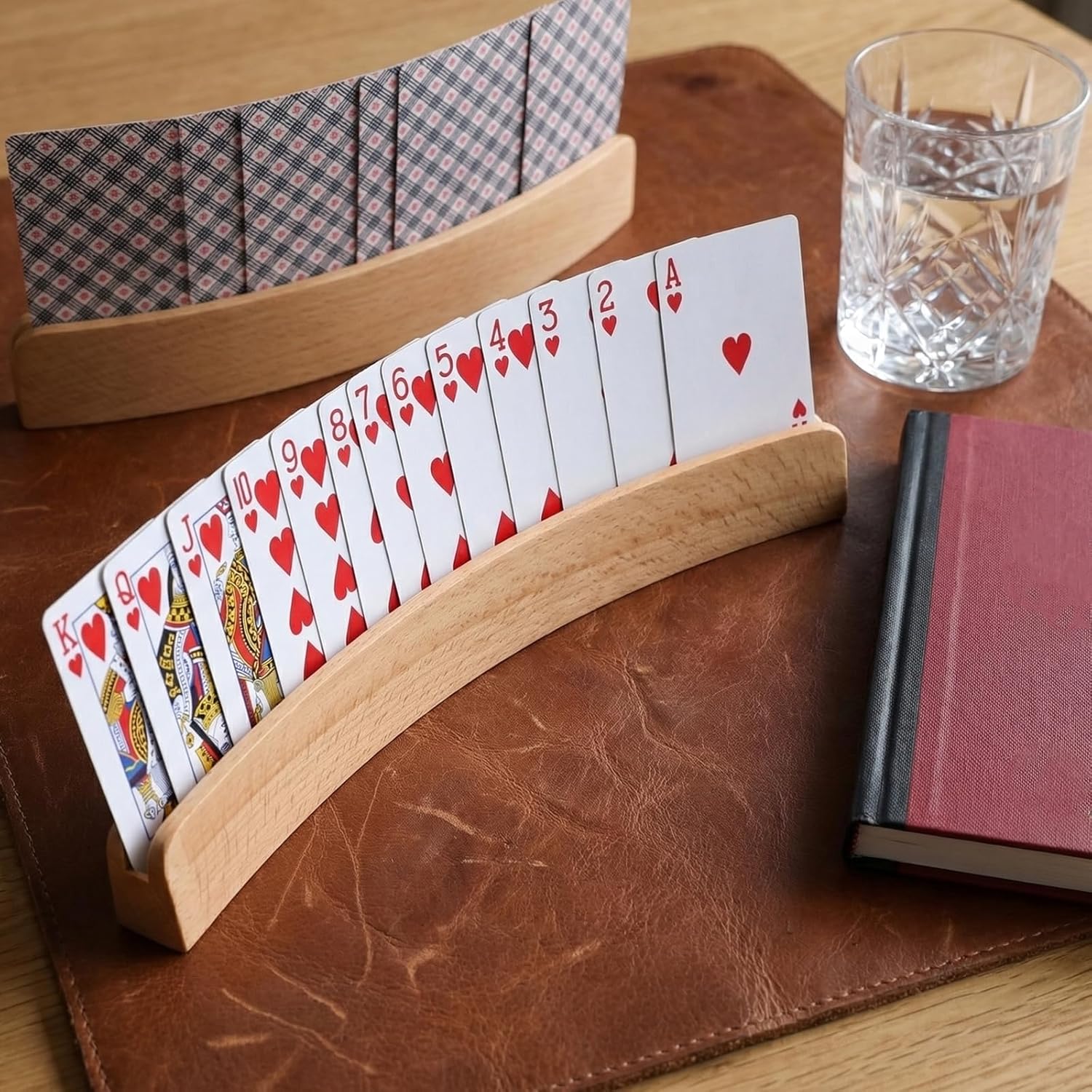 Tebery 4 Pack Wooden Playing Card Holder, Stable Game Card Trays Rack for Elderly, Hand Free Playing Cards Display Organizer for Family Game Night, 13 Inch