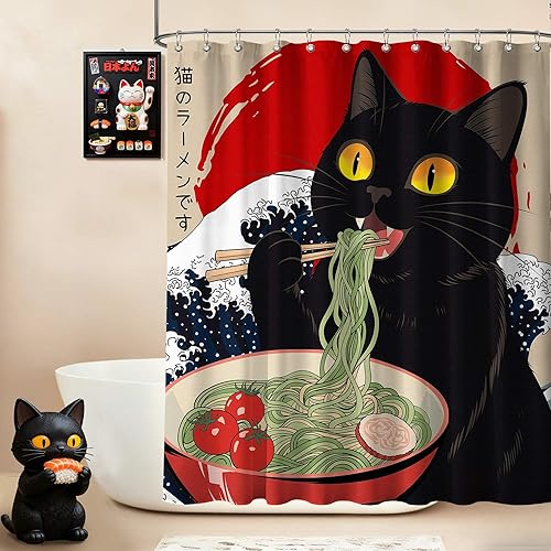Miniatura 26 de Divertida cortina de ducha con diseño de gato japonés para juegos de decoración de baño, tela de tela impermeable con ganchos, 70 x 72 pulgadas