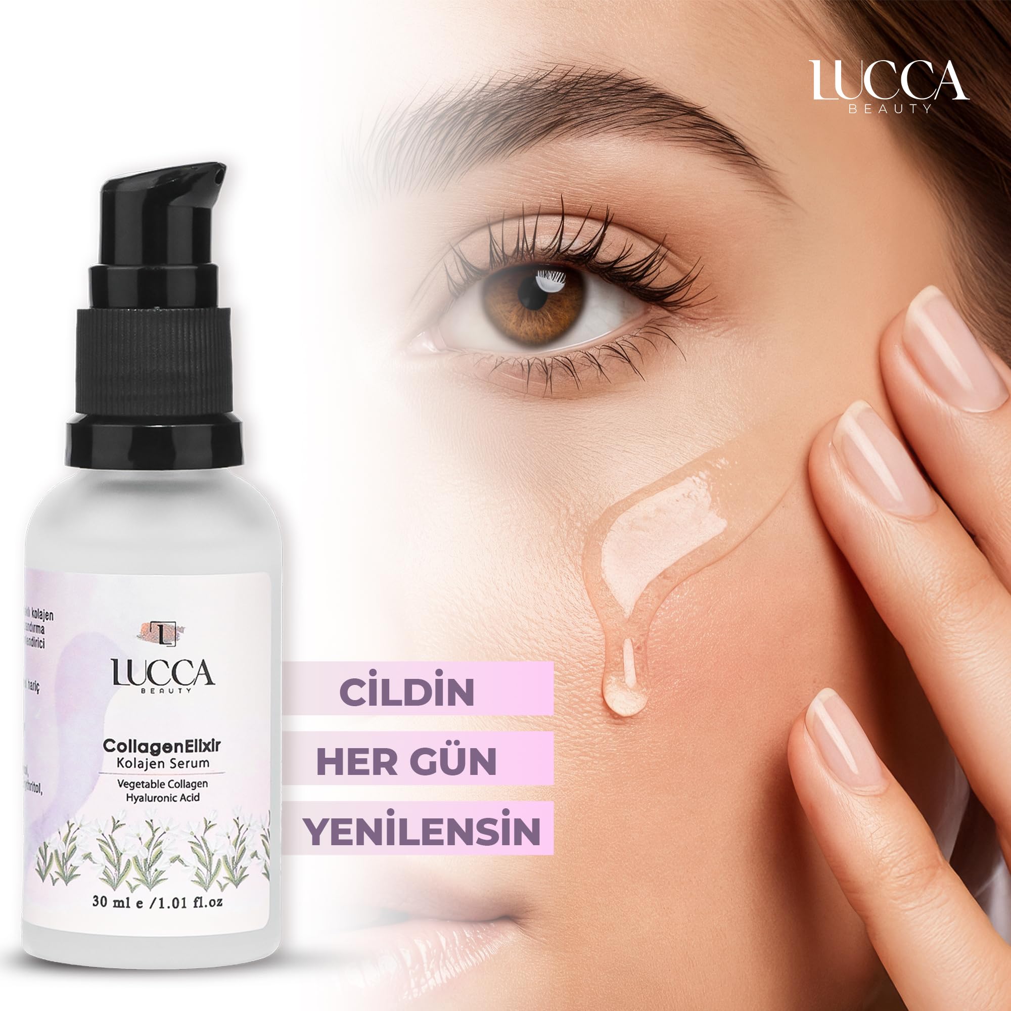 Lucca Beauty CollagenElixir Kolajen Serumu 30 ml – Vegan, Bitkisel Kolajen, Hyaluronik Asit ve Sodyum PCA İçerikli Nemlendirici Yüz Serumu