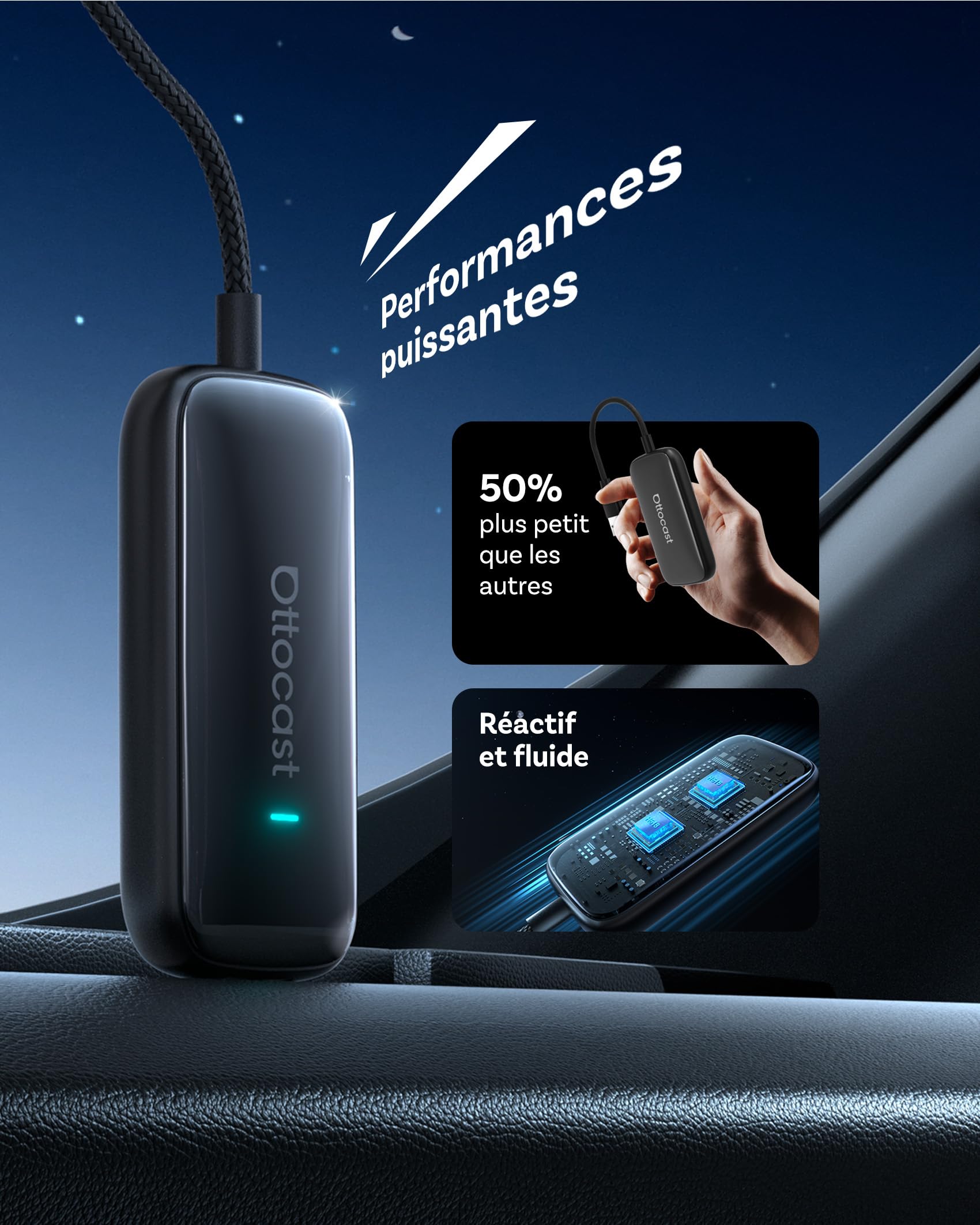 OTTOCAST Play2Video Ultra, Adaptateur CarPlay sans Fil & Android Auto Adaptateur CarPlay AI Box avec Netflix Youtube WiFi 6 5G Bluetooth 5.4 Adaptateur pour la Plupart des Voitures 2016+