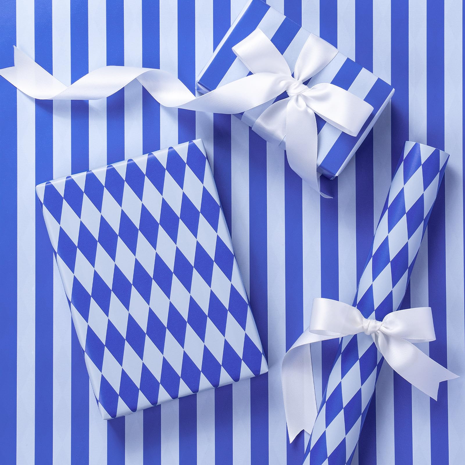RUSPEPA Mini Reversible Wrapping Paper Roll - Blue & White Stripes/Diamond Pattern, 43.2cm x 5m - Ideal for Birthday, Wedding, Baby Shower, Easter, Father’s Day, Graduation — image 1